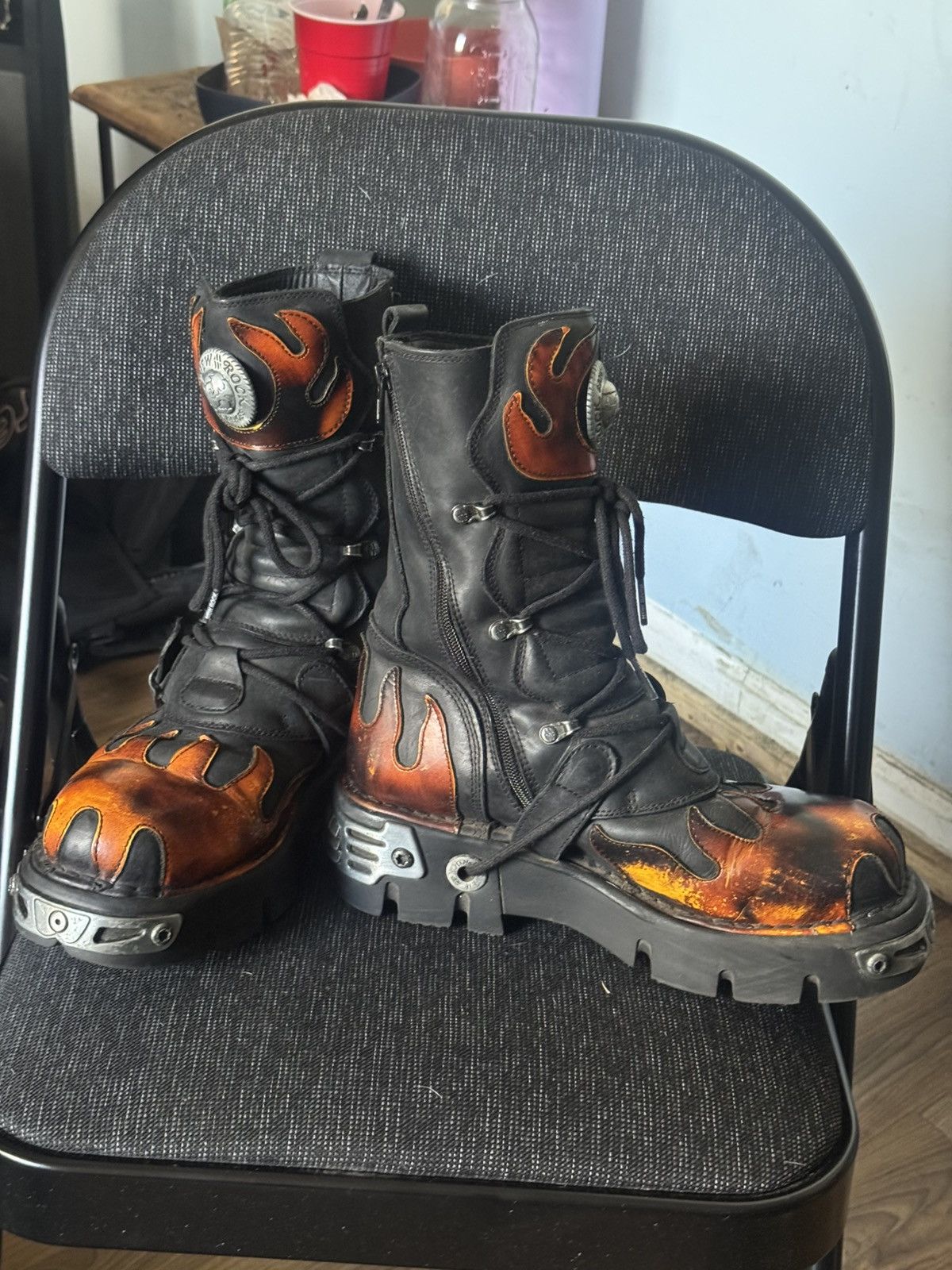 New Rock New Rock Flame Boots – Black Leather with Orange Flames | Grailed