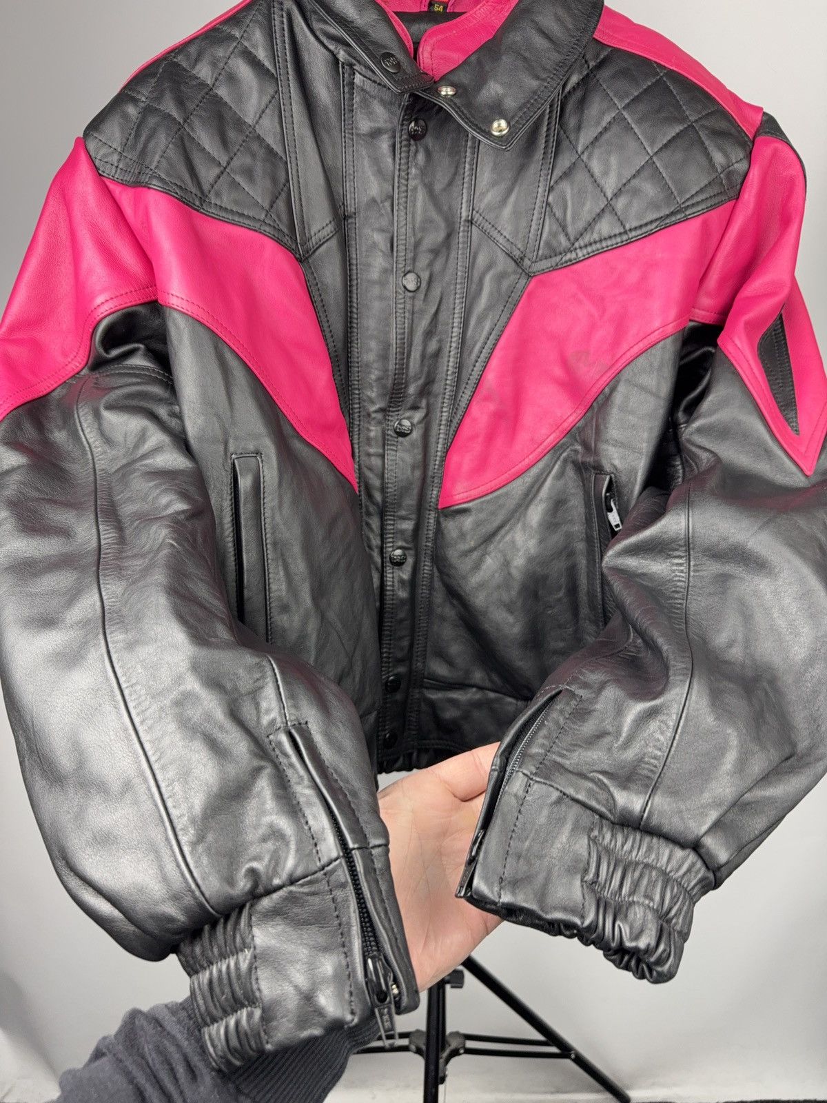 Genuine Leather Vintage 00s Leather Moto Racing Jacket Pink Black EU54 Size US L / EU 52-54 / 3 - 11 Thumbnail