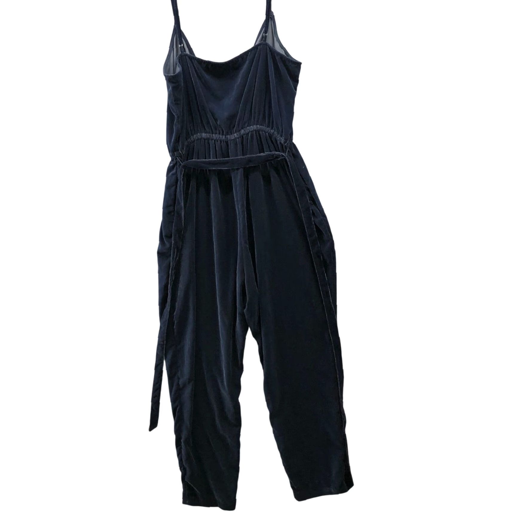 Gap Gap Velvet Cami Jumpsuit Women L Dark Blue Navy Tapered Relaxed Tie Waist Camisole Strapless Sleeveless One-Piece Pockets 100% Polyester Size 36" / US 14 / IT 50 - 2 Thumbnail