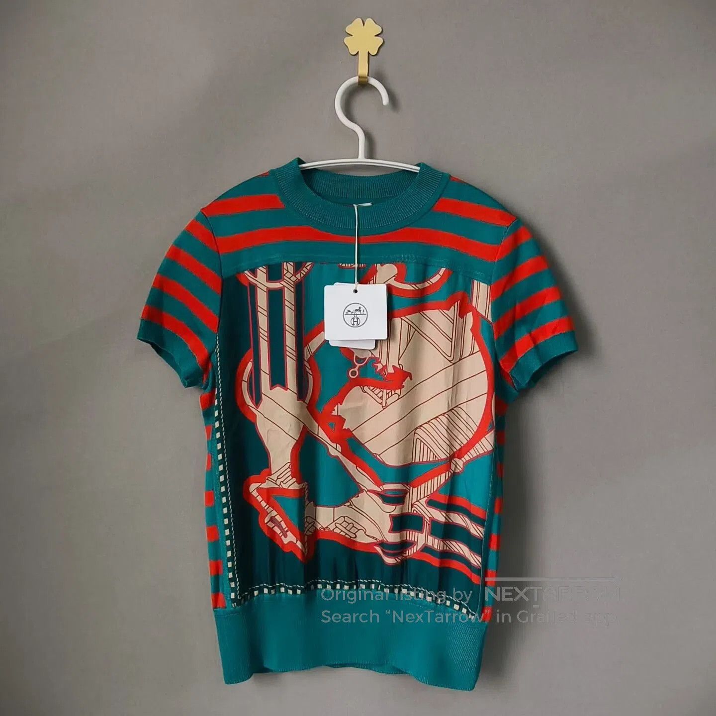 Hermes Hermes Orange Stripe Silk Panel Short Sleeve T-Shirt| Size XXS / US 00 / IT 34 - 1 Thumbnail