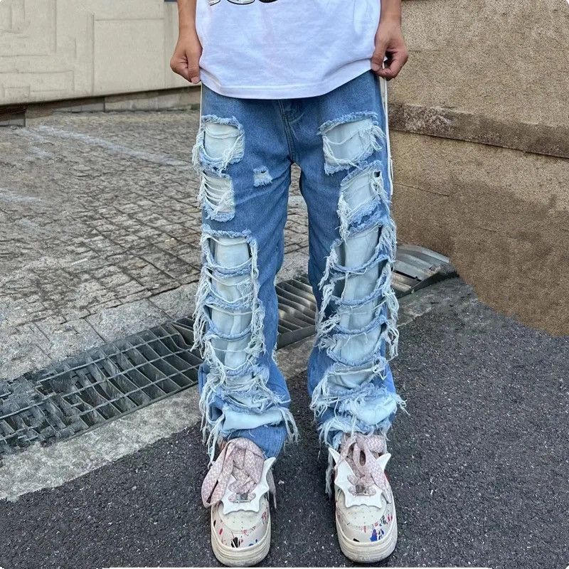 image of Distressed Denim Blue Color Ropa Grunge Y2K Streetwear Stacked Ripped Jeans, Men's (Size 34)