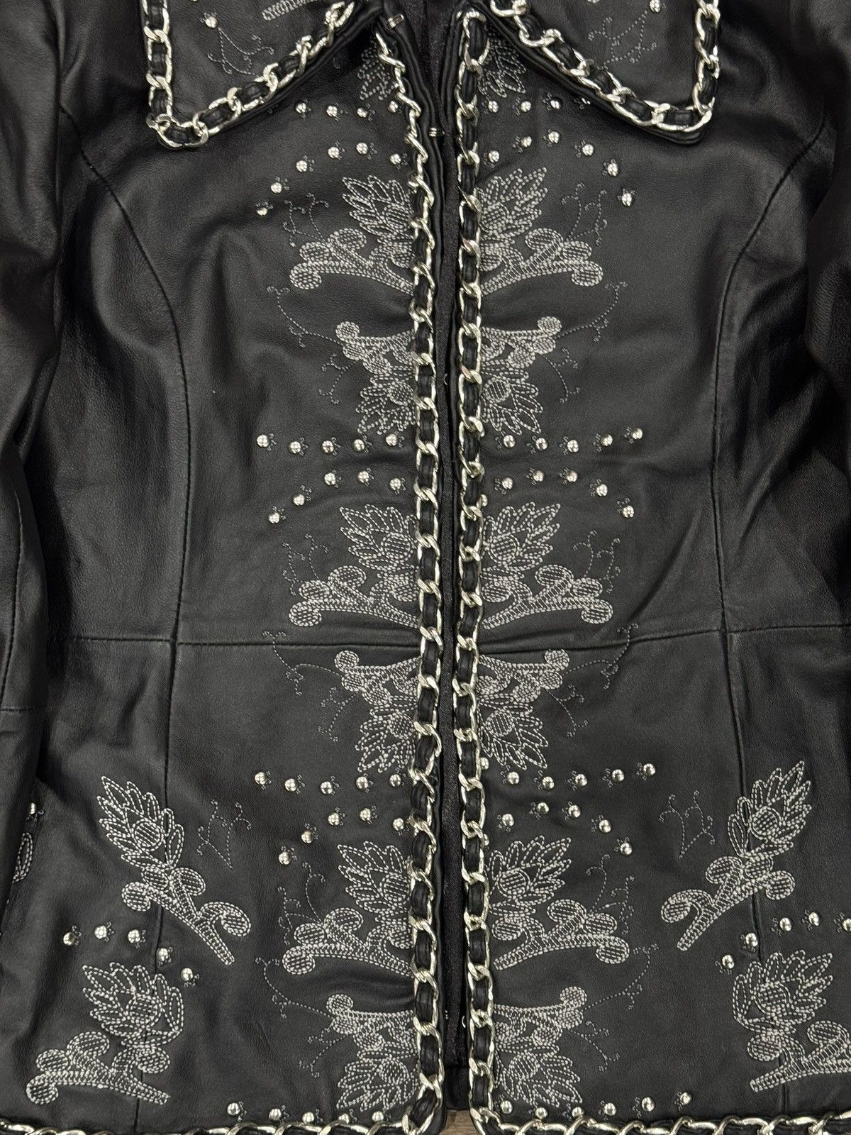 Guillaume Embroidered Leather Jacket Chain Trim Studded