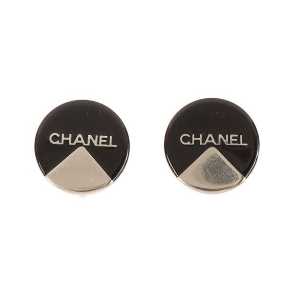 image of Chanel 2000 Made Round Bicolor Logo Earrings Black/silver, Women's