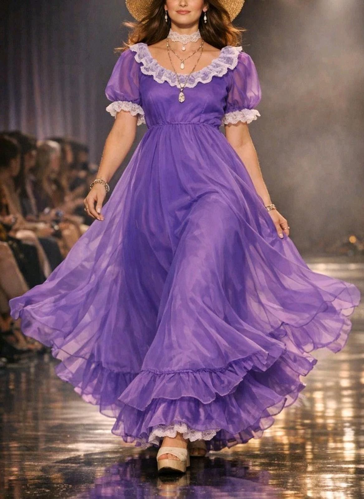 The Unbranded Brand 70s Purple Chiffon Prairie Gown Lace Ruffles Satin Lining S Size S / US 4 / IT 40 - 3 Thumbnail