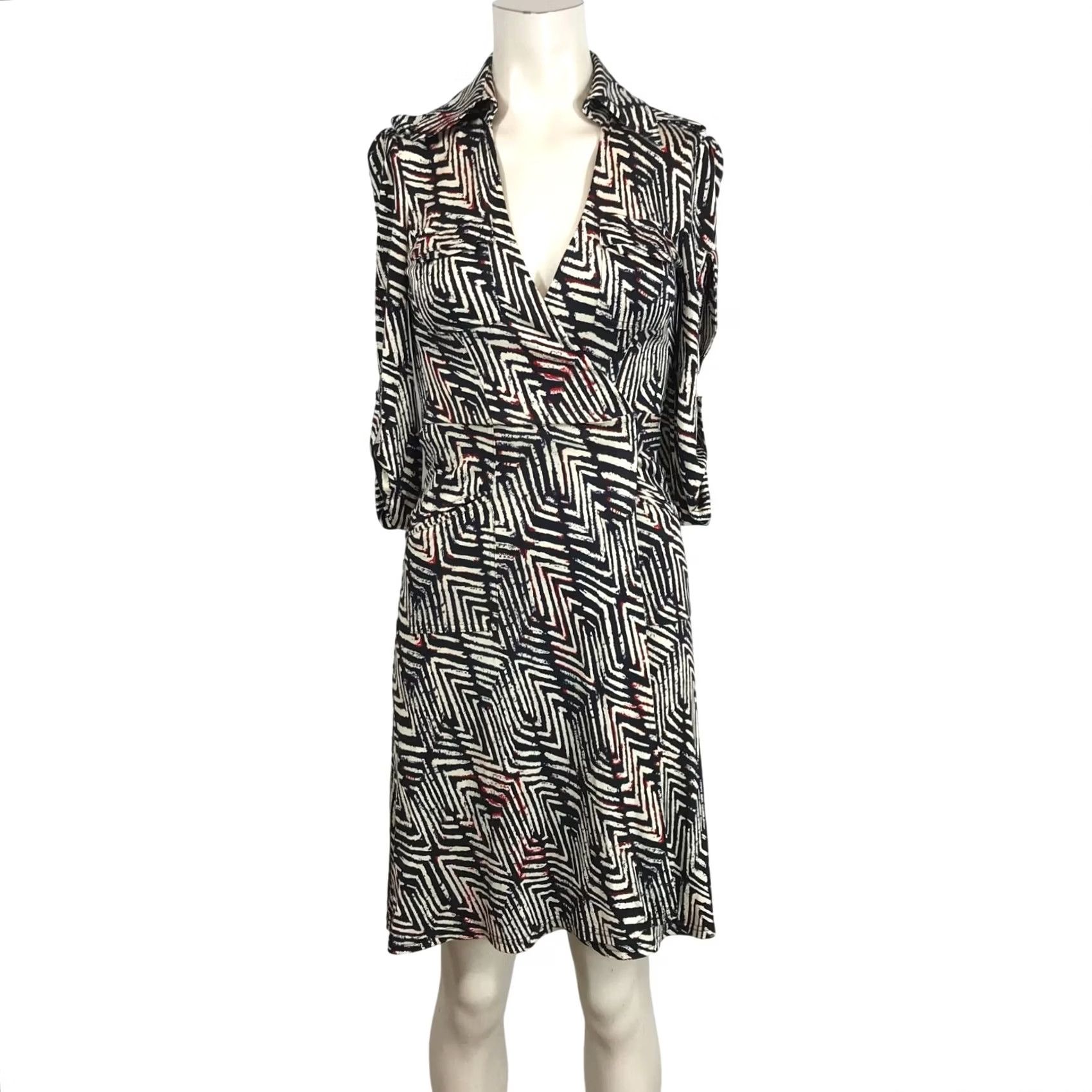 Diane von Furstenberg Diane von Furstenberg Womens 2 Black & Cream Collared Wrap Dress Silk Knee Length Size XS / US 0-2 / IT 36-38 - 2 Thumbnail