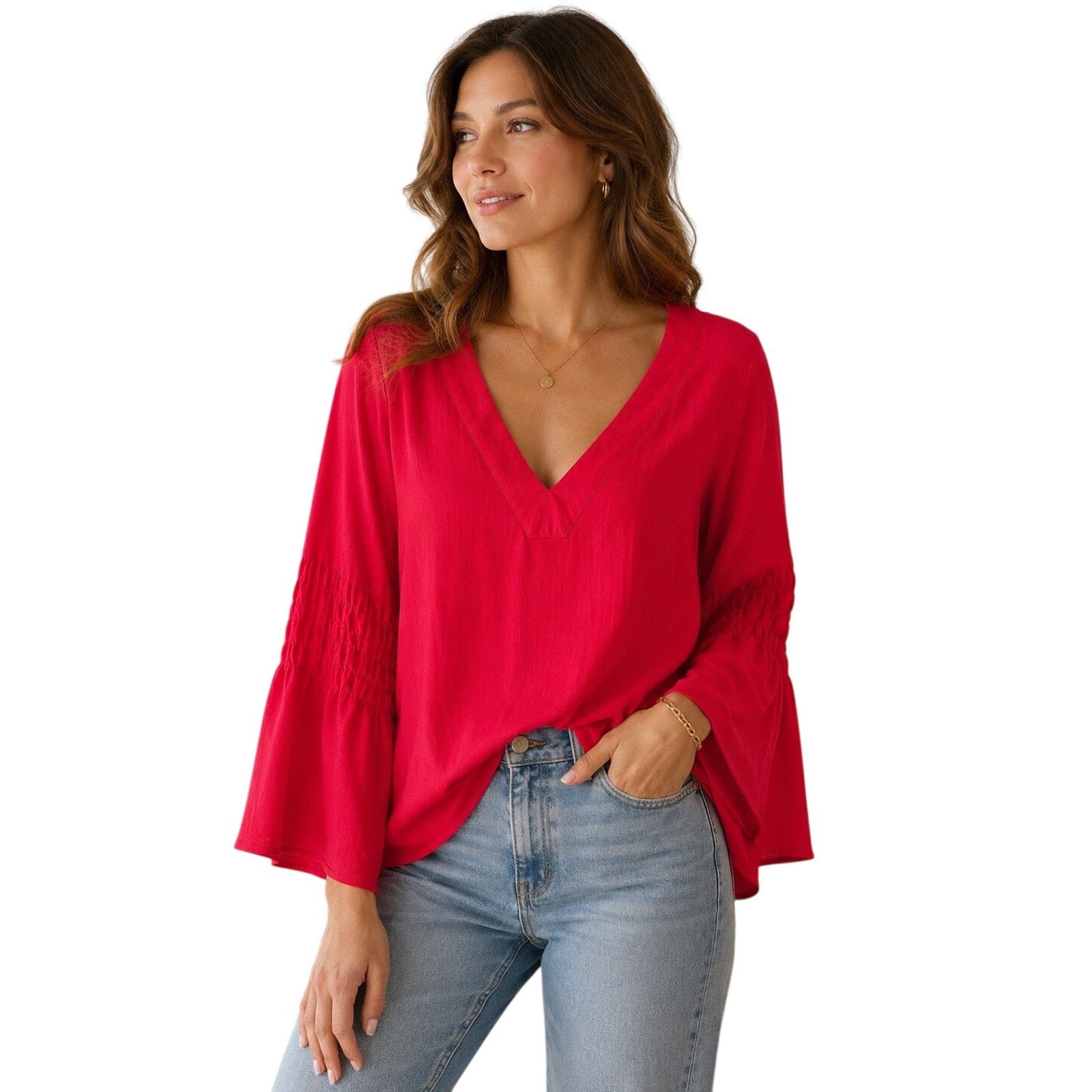 Michael Kors Michael Kors Red V-Neck Blouse Womens Large Long Sleeve Size L / US 10 / IT 46 - 1 Thumbnail