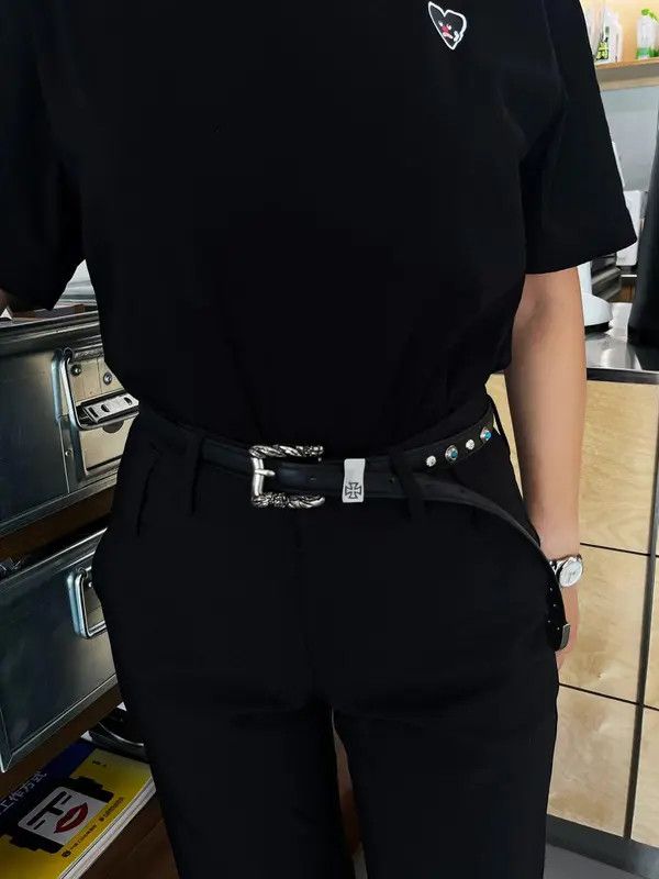 Leather Black Leather Belt with Silver Buckle and Turquoise Accents Size ONE SIZE - 7 Thumbnail