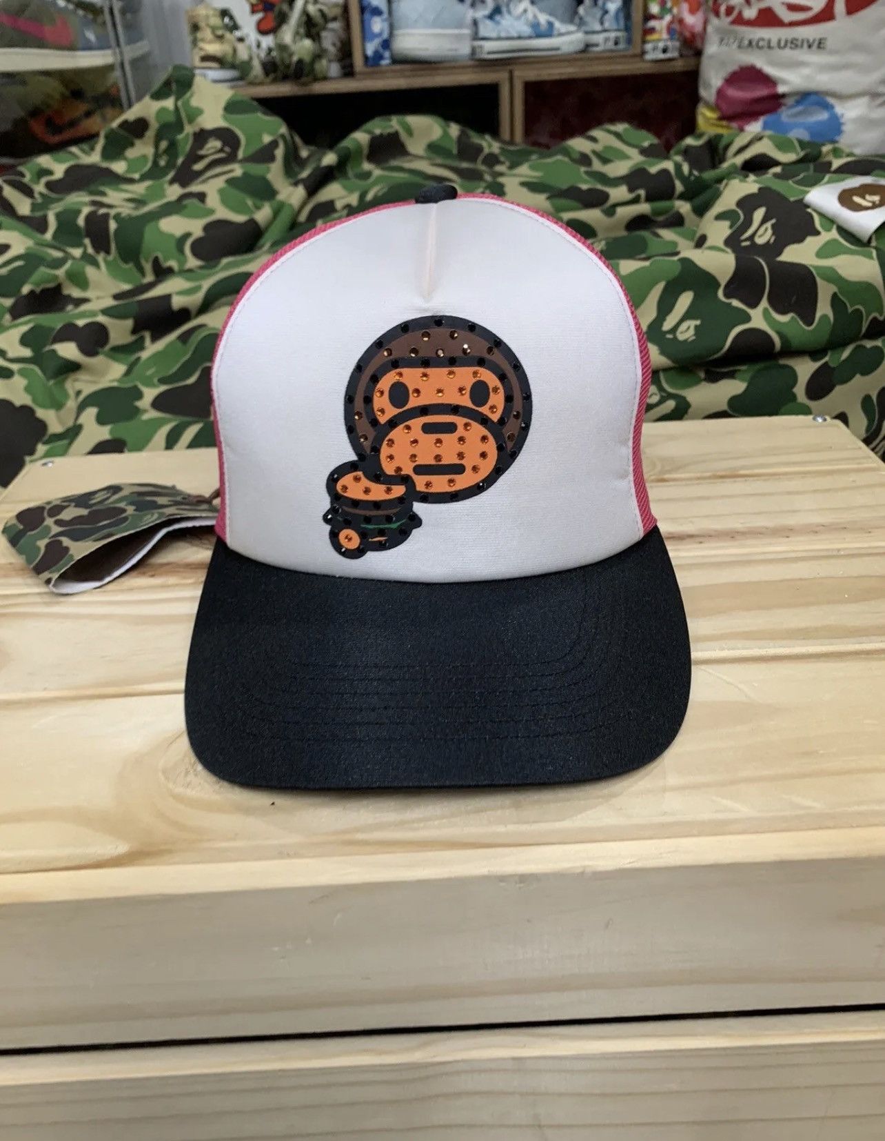 image of Og Bape Sta Baby Milo Junk Food Swarovski Pink Trucker Hat, Men's