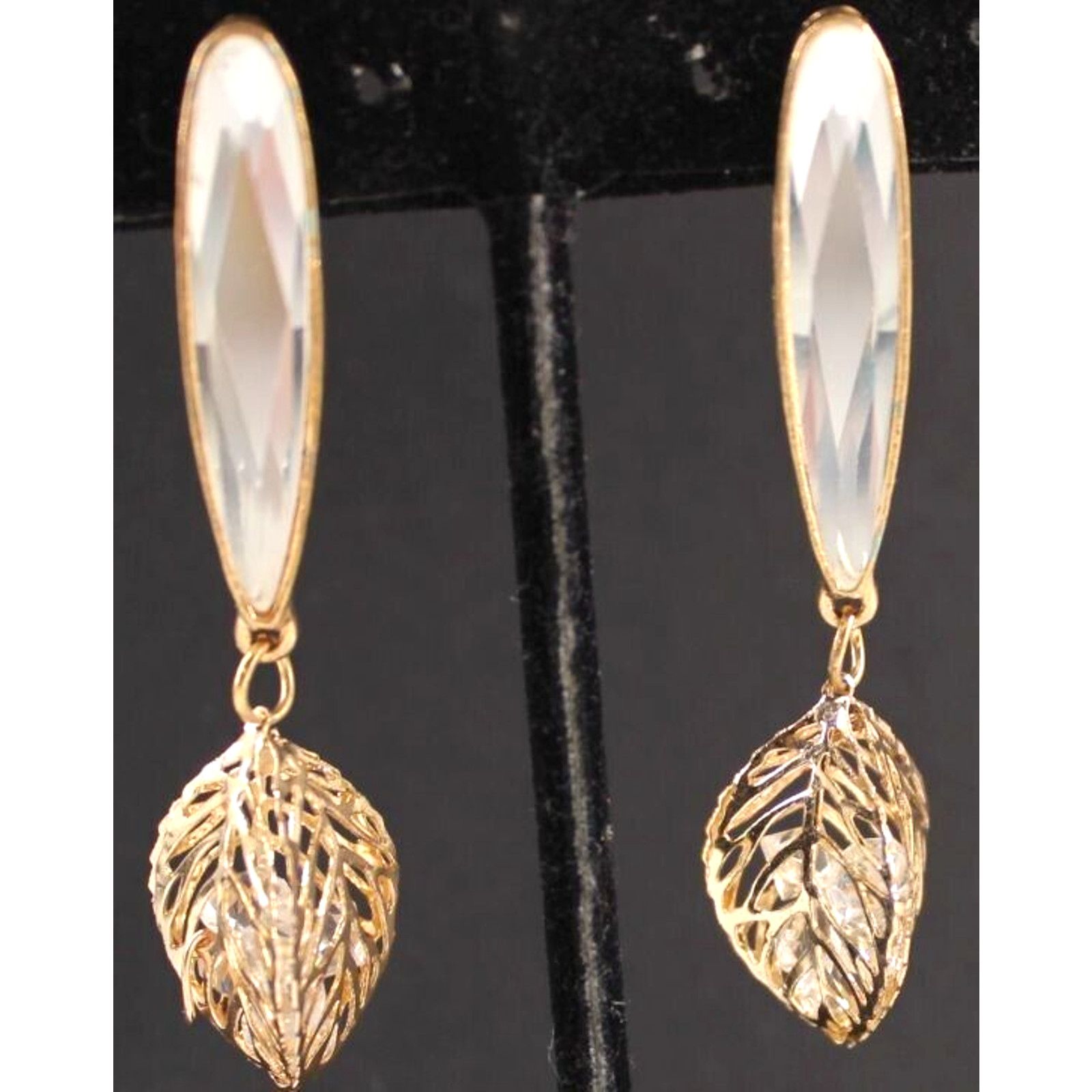 Other Leaf Dangle Earrings • Floating Crystals & Mirror Drop • 2" Size ONE SIZE - 2 Thumbnail