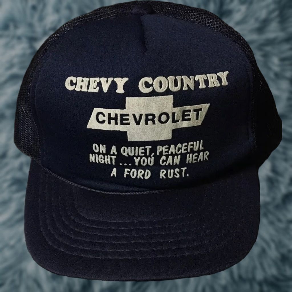 Vintage Vtg 80s Chevrolet Chevy Country Trucker Hat Blue Adjustable Men Size ONE SIZE - 1 Thumbnail
