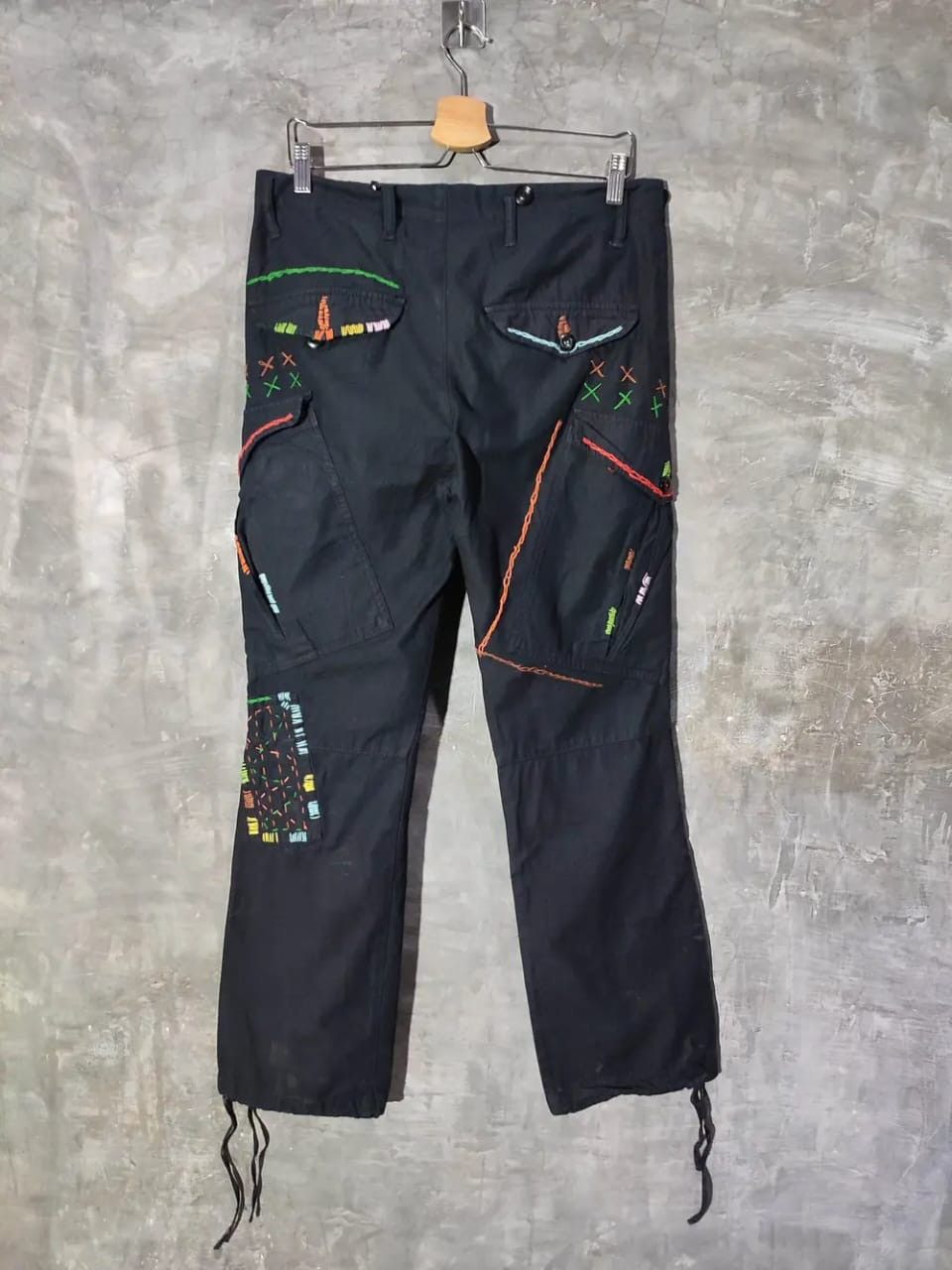 Japanese Brand Audience Black Cargo with Multicolour stitch Design Pants Size US 33 - 4 Thumbnail