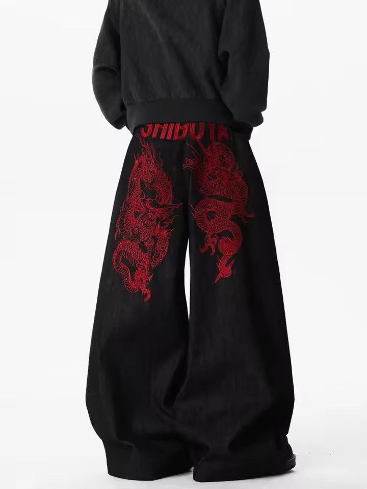 Japanese Brand Extreme Wide Leg Black Jeans | Red Dragon Size US 33 - 1 Thumbnail