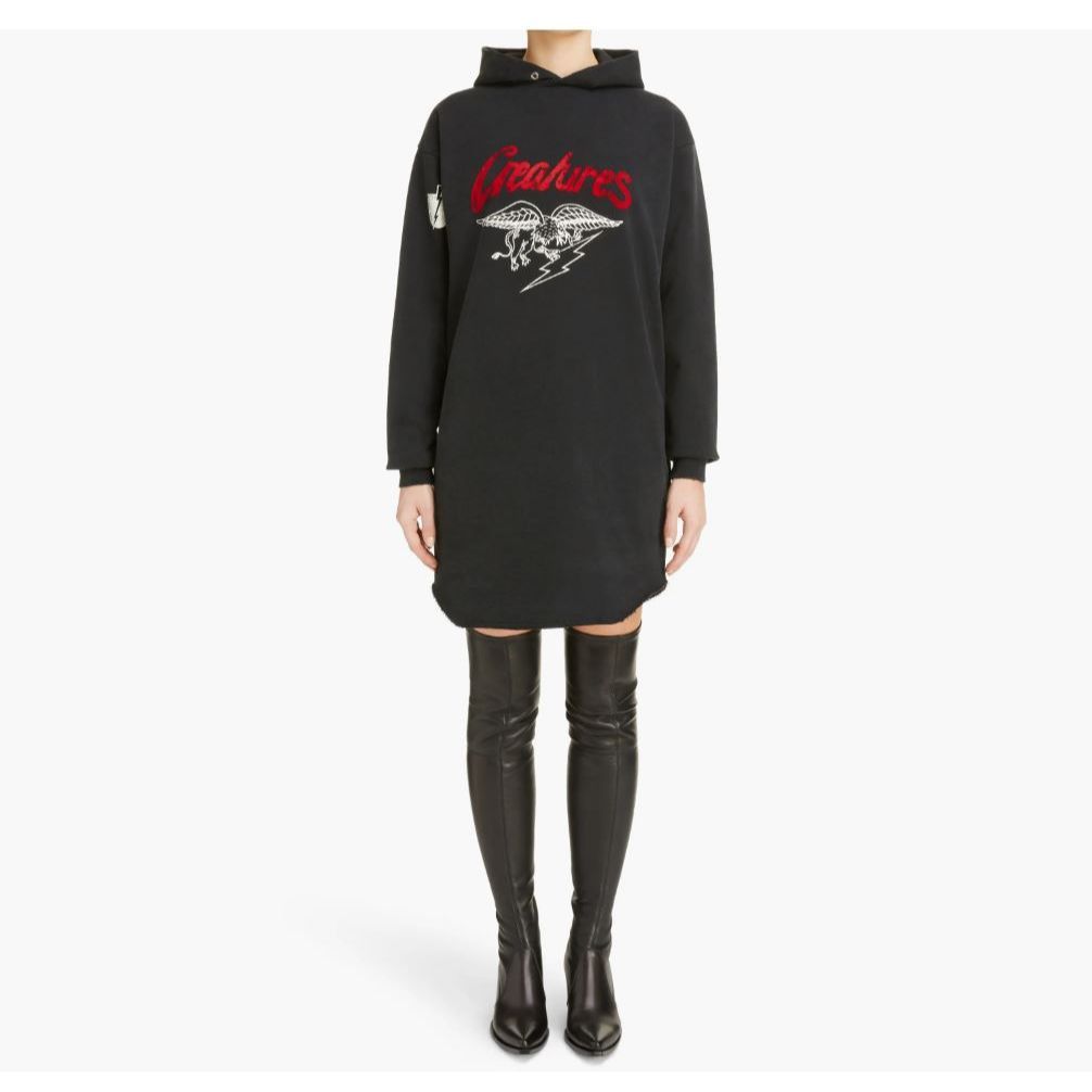 image of Givenchy Washed Black Creatures Raw Hem Hoodie Dress, Women's (Size XS)