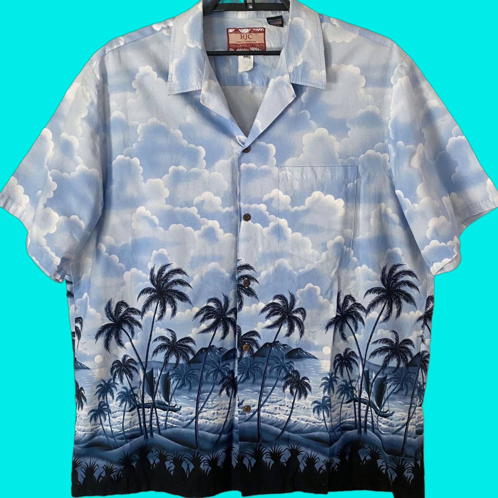 VINTAGE RJC Hawaiian Button-Up Shirt Blue Palm Trees Men's XXL Short-Sleeve