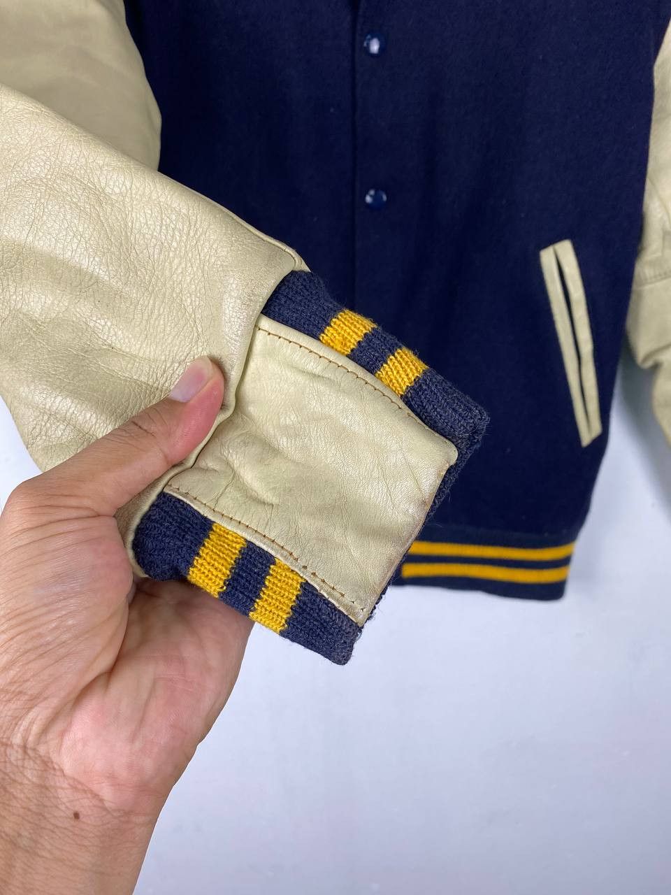 vintage 70s/80s golden bear varsity jacket leather sleeves