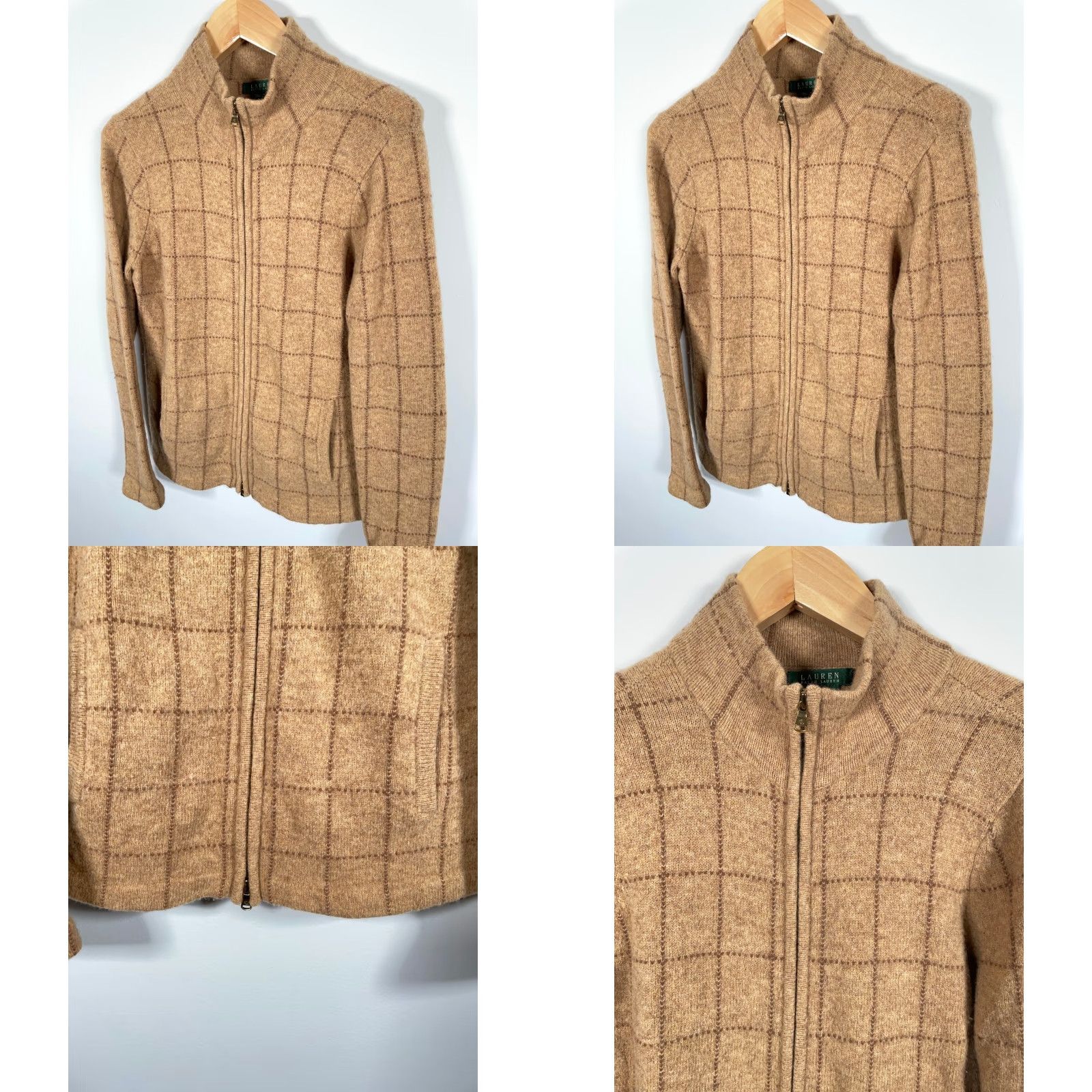 Ralph Lauren Lauren Ralph Lauren Wool Zip Sweater Cardigan Women's 1X Brown Check Pattern Mock Neck Full Zip Pockets 90s Preppy Wool Hand Wash Only Size XL / US 12-14 / IT 48-50 - 9 Thumbnail