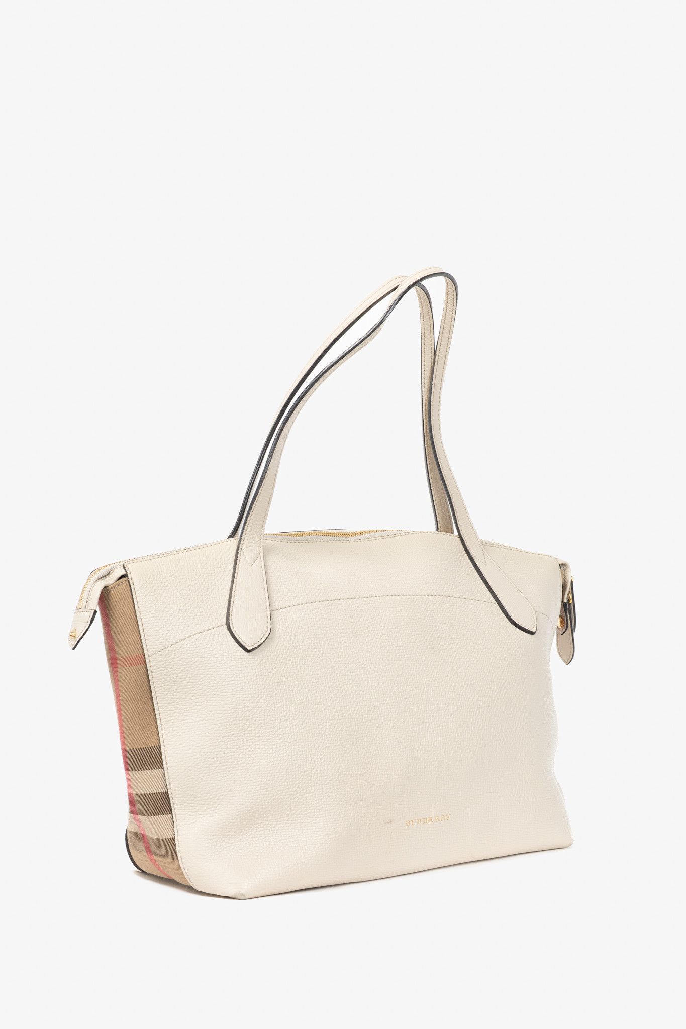 Burberry Burberry Welburn Cream Leather Check-Trim Tote Size ONE SIZE - 2 Thumbnail