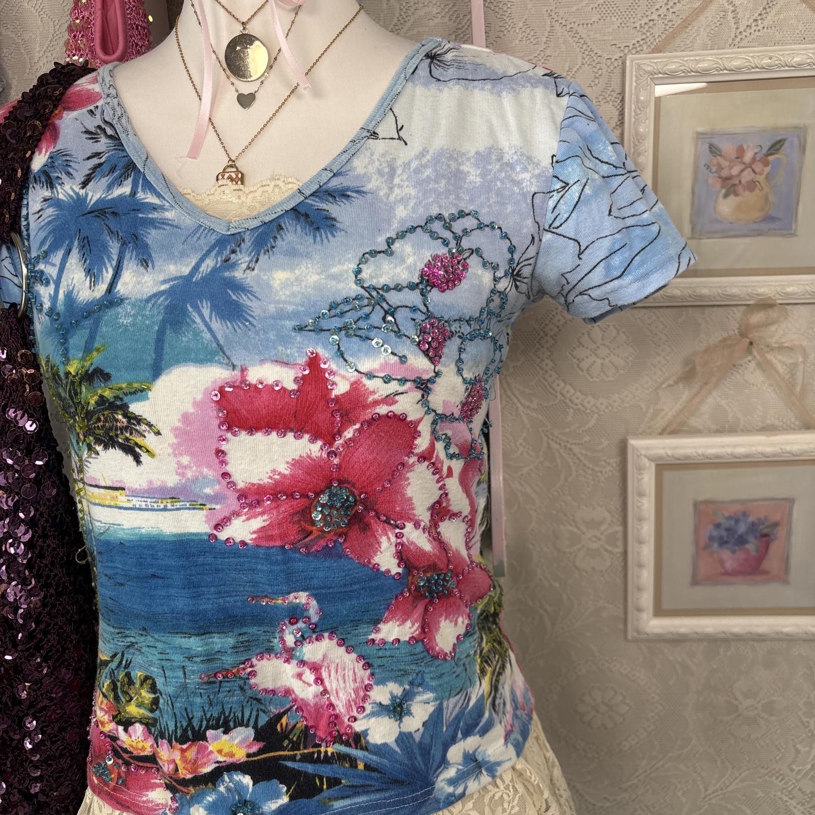 Other y2k vintage beaded floral baby tee Size M / US 6-8 / IT 42-44 - 3 Thumbnail