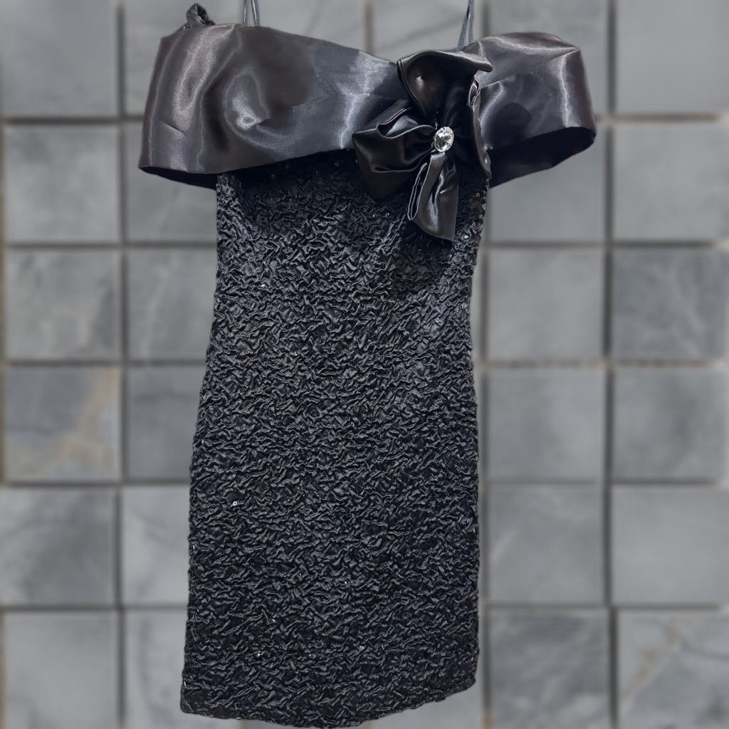VINTAGE Fashion NetWork Dress Off the Shoulder Strappy Knee Length Acetate  Black 9/10 Juniors Women