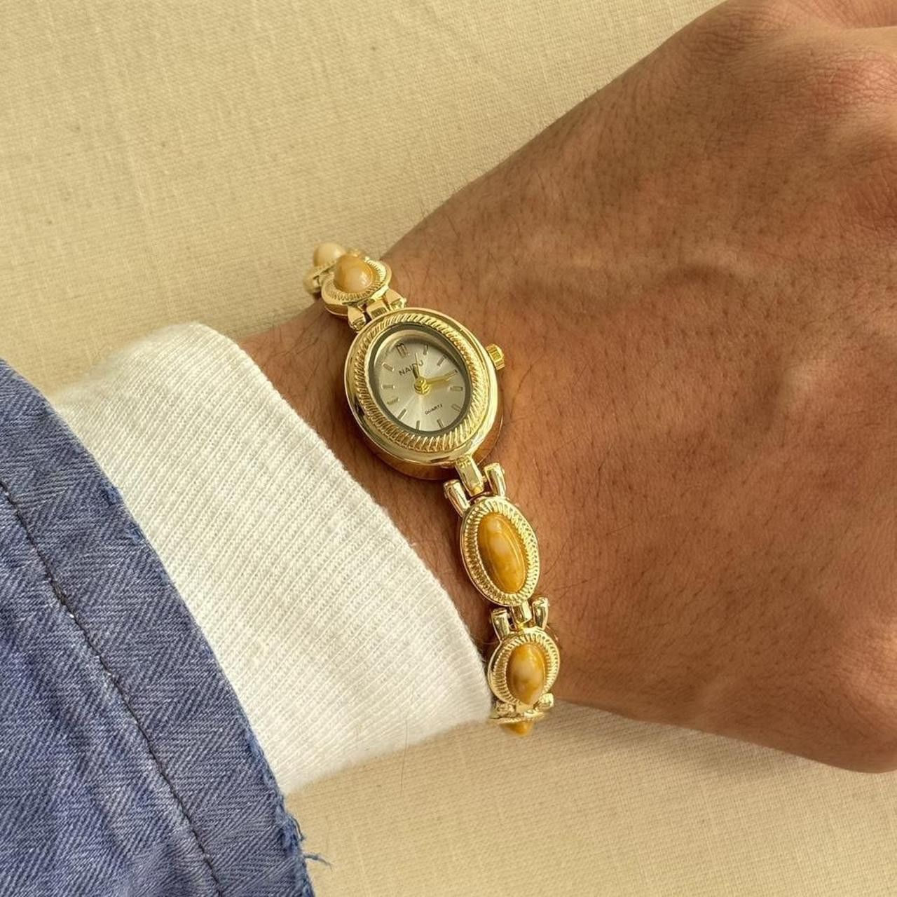 Japanese Brand y2k gold round stainless quartz yellow stone charm watch Size ONE SIZE - 3 Thumbnail
