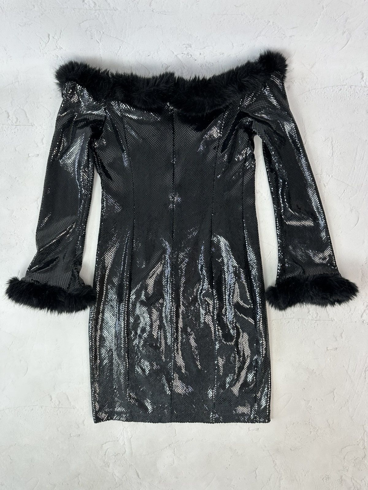If Six Was Nine Vintage Black Shiny Midi Dress with Fur Size M / US 6-8 / IT 42-44 - 8 Thumbnail