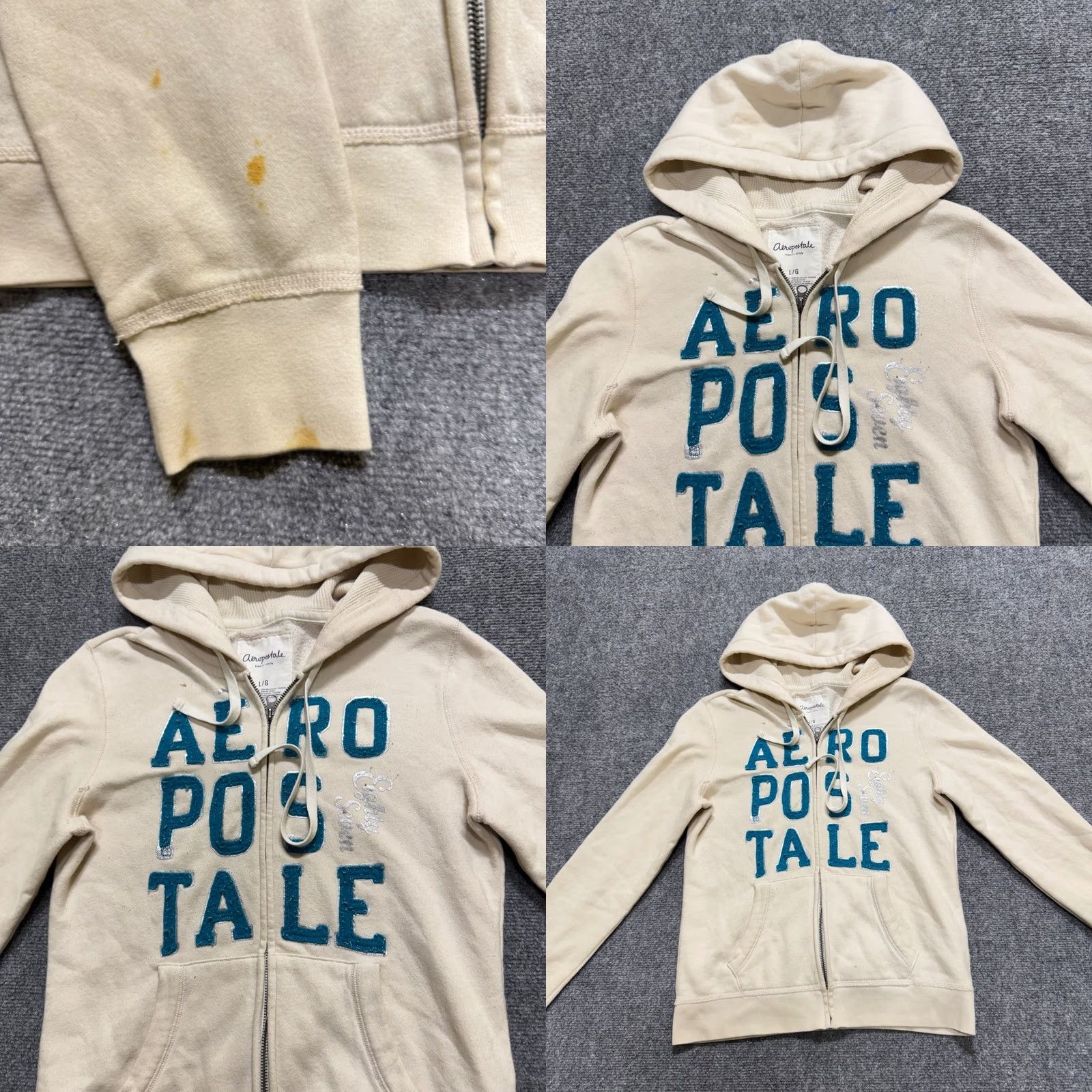 Aeropostale VINTAGE Aeropostale Jacket Womens L Beige Fullzip Hooded Embroidered Distressed White Blue Stained Casual 90s Womens Size L / US 10 / IT 46 - 8 Thumbnail