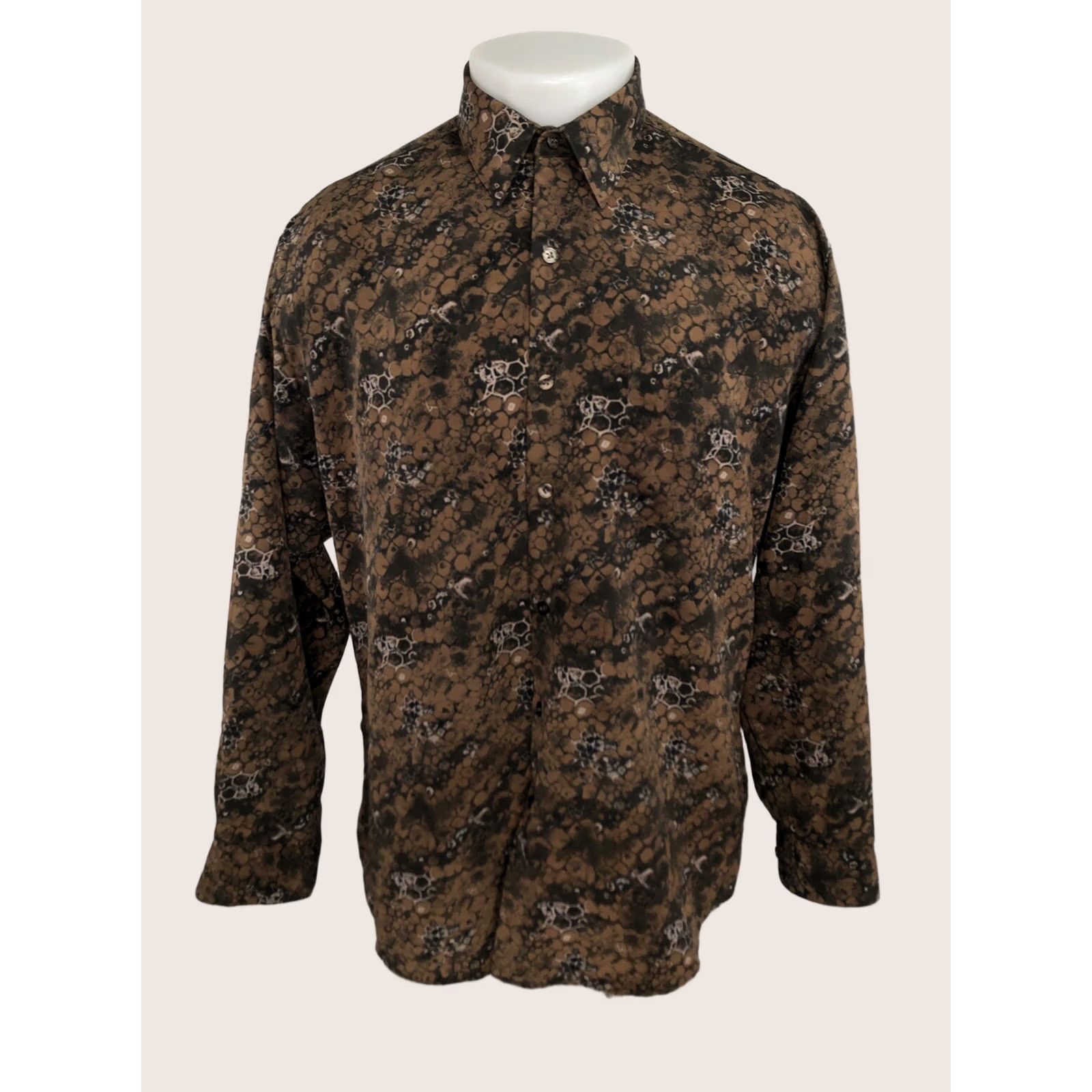 Vintage Bijan Italy MEXICO Abstract Honeycomb Mens L Shirt - Button-Up Long Sleeve Brown L Mens Size US L / EU 52-54 / 3 - 1 Thumbnail