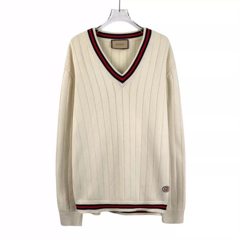 Gucci Beige striped cotton V-neck long-sleeved knitted swea