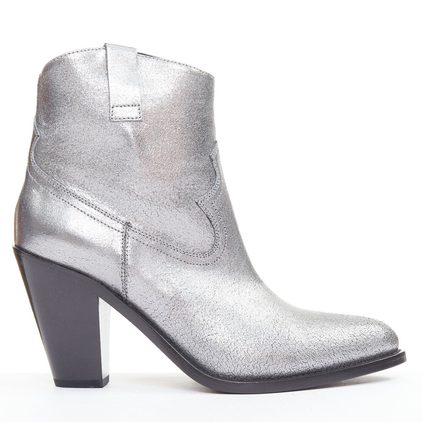 Saint Laurent Paris SAINT LAURENT metallic silver blue shift leather western cowboy ankle boots EU37.5 Size US 7.5 / IT 37.5 - 1 Thumbnail