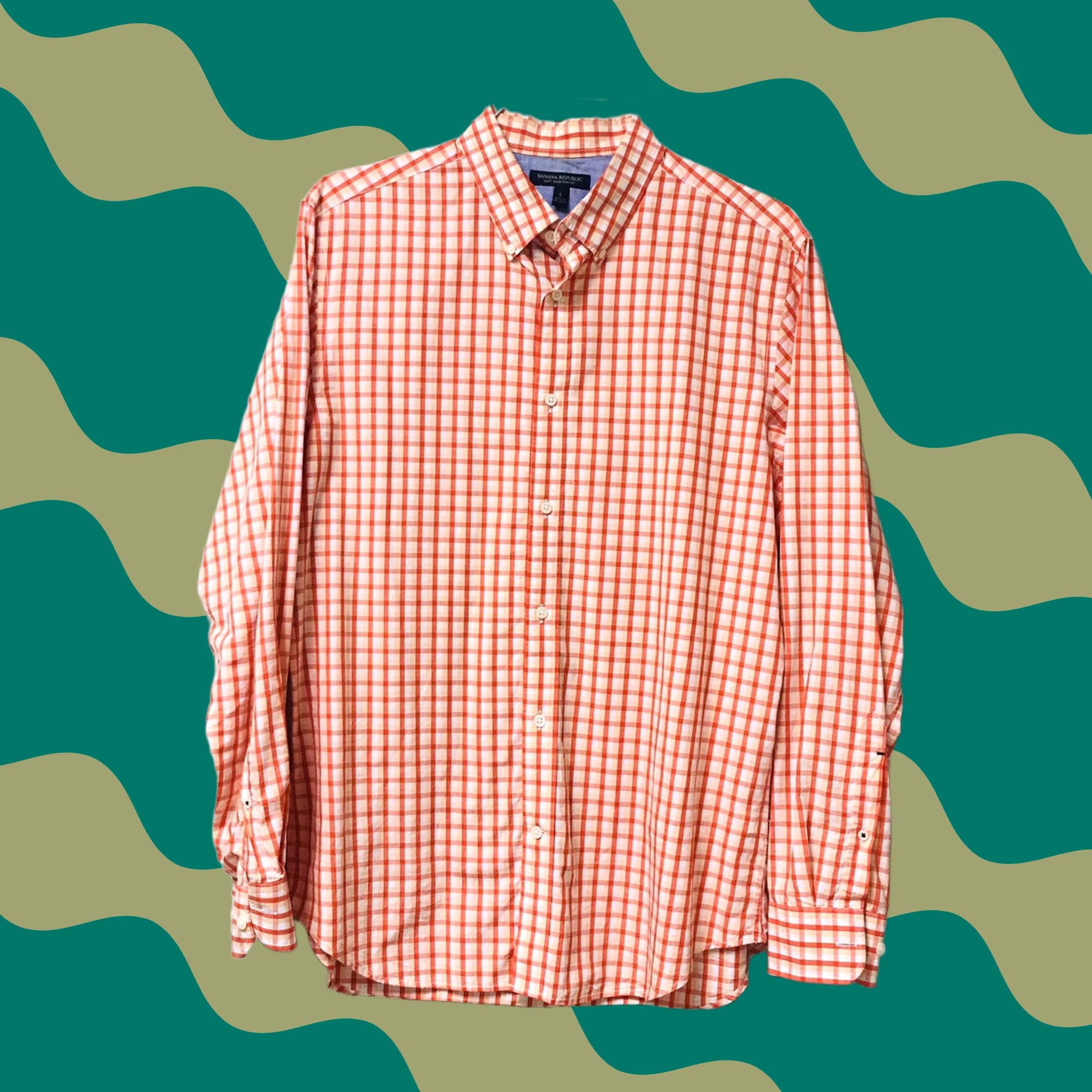 Banana Republic Banana Republic Men Orange Plaid Slim Fit Button-Up Long Sleeve Dress Shirt L Size 42R - 1 Thumbnail