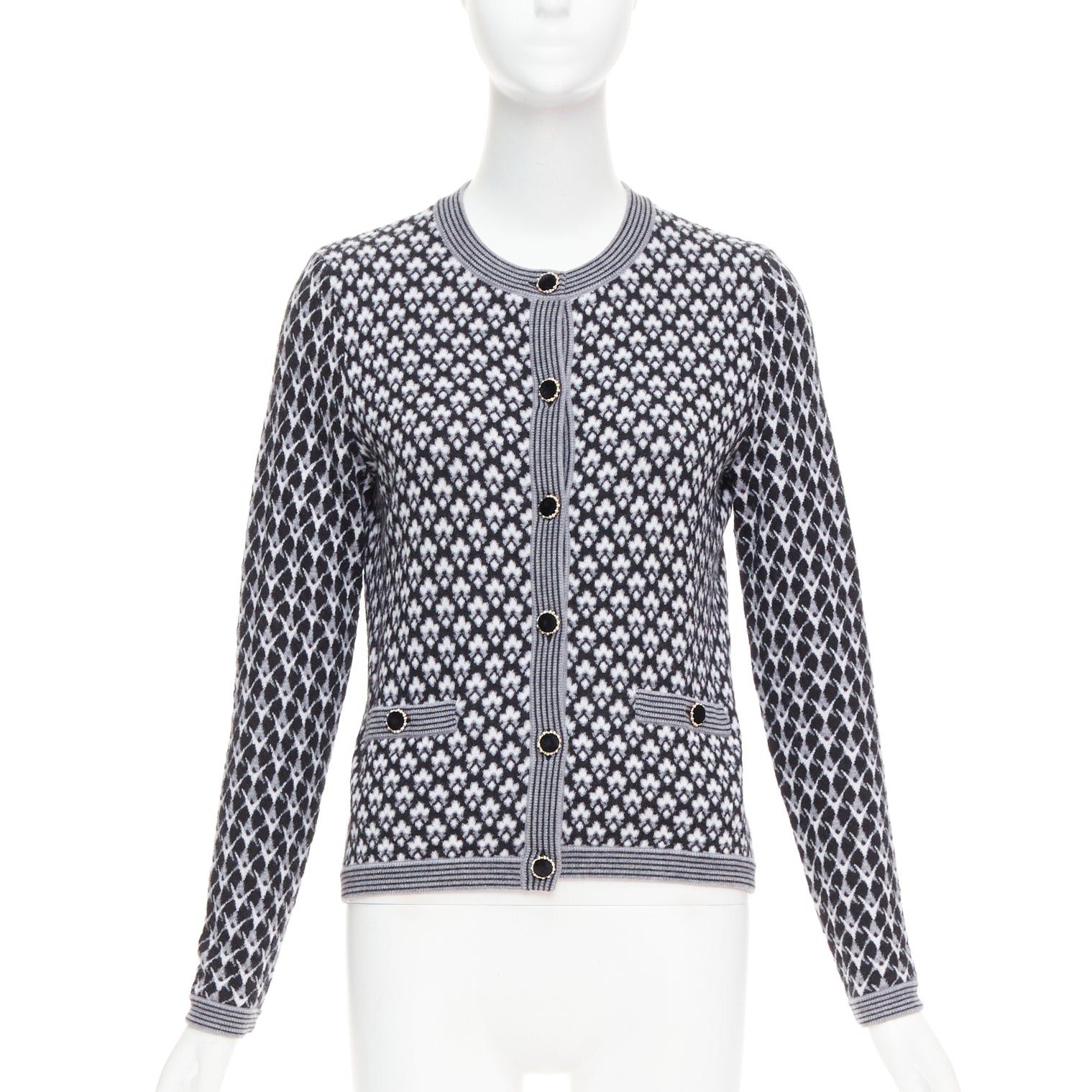 Chanel CHANEL black white cashmere velvet buttons crew cardigan FR38 M Size M / US 6-8 / IT 42-44 - 1 Thumbnail