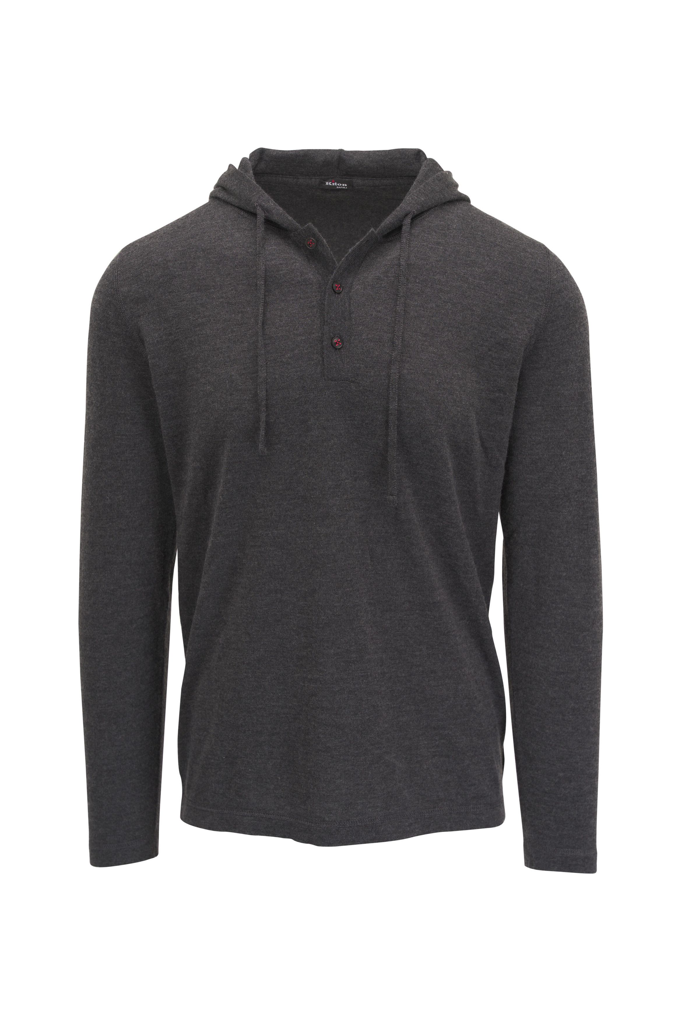 Kiton o1mtch0225 Button Cashmere & Silk Hooded Henley in Charcoal Size US M / EU 48-50 / 2 - 1 Thumbnail