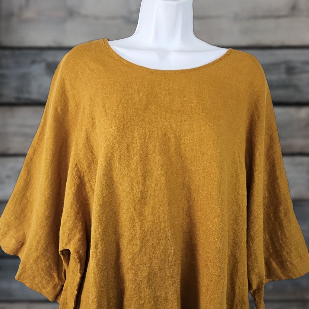 Yuvita Top Womens Sz Large Gold Linen 3/4 Sleeve