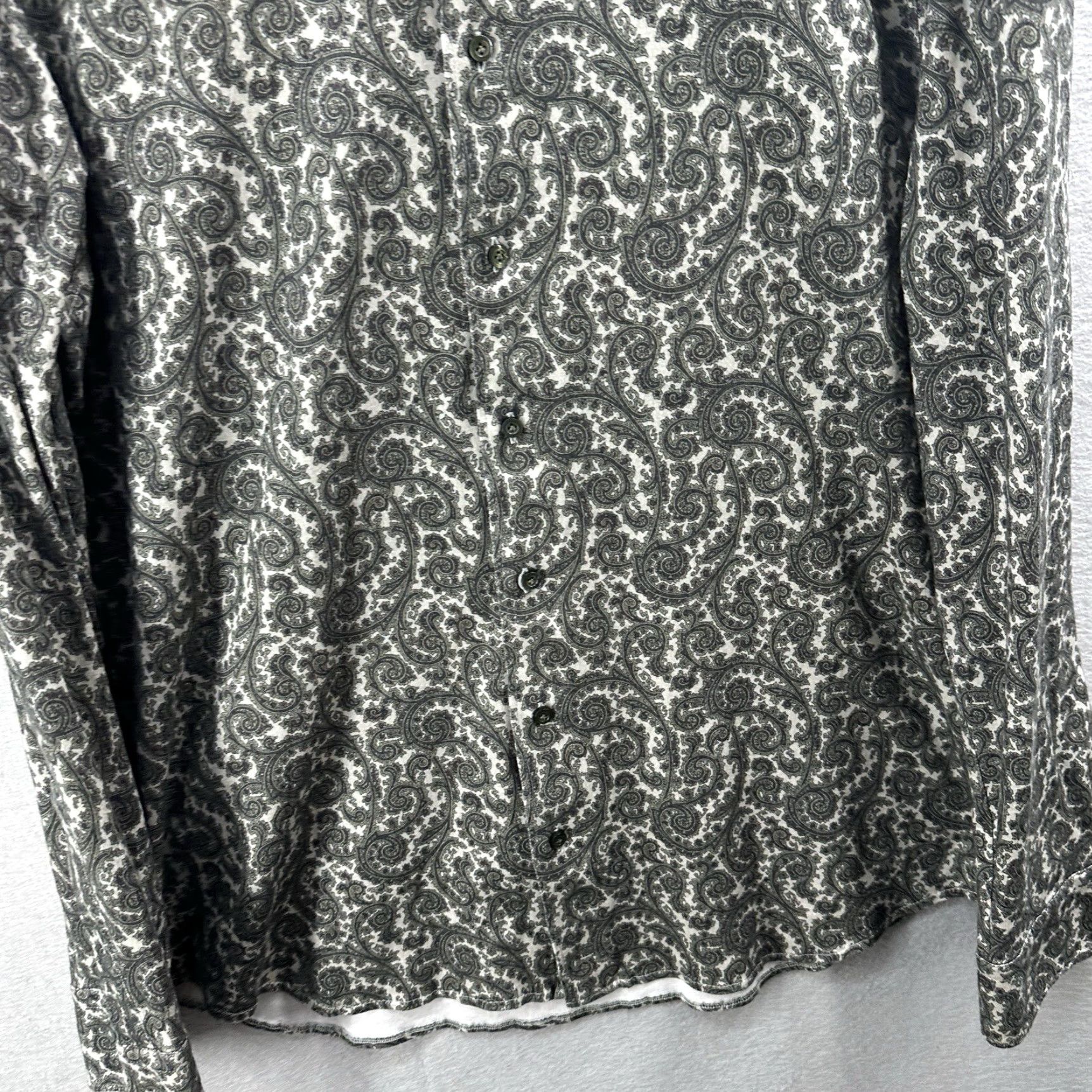 Vintage Knit Shirt Mens Large Green Paisley Jersey Knit Stretch Button-Up Spread Collar Size US L / EU 52-54 / 3 - 3 Thumbnail