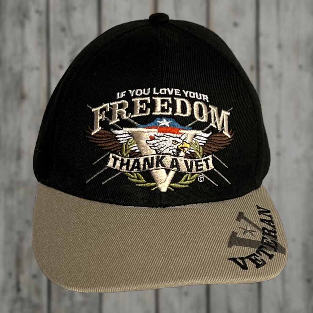 Vintage VETERANS - If You Love Your Freedom THANK A VET Embroidered Cap Hat - Authentic Hat Adjustable Black Unisex Adults Army Cap Size ONE SIZE - 1 Thumbnail