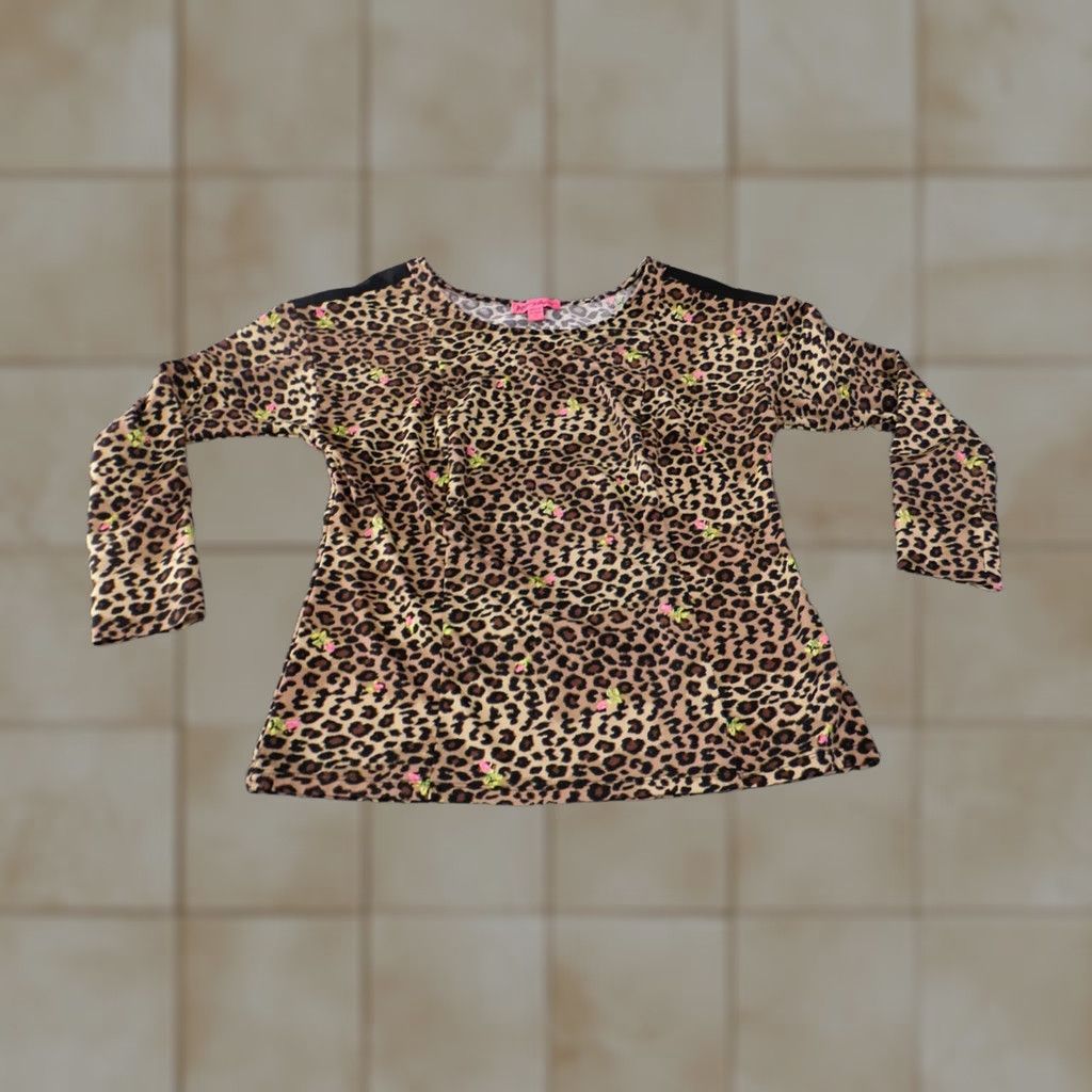 Betsey Johnson Betsey Johnson Blouse Shirt Womens S Brown Animal Print Knit Polyester Spandex Stretch Ruffle Round Neck Casual Long Sleeve Vintage No Size S / US 4 / IT 40 - 1 Thumbnail