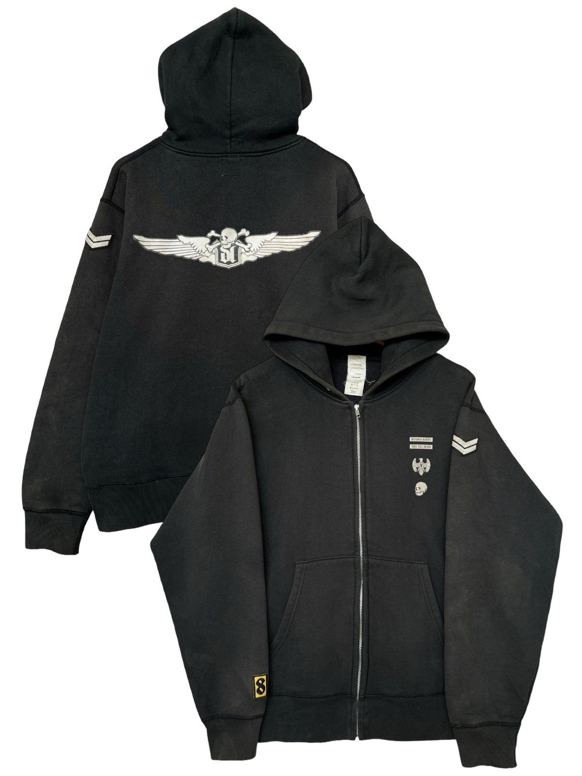 image of Vintage Devil Lock Japan Black Sunfaded Baggy Boxy Zipup Hoodie in Faded Black, Men's (Size Medium)