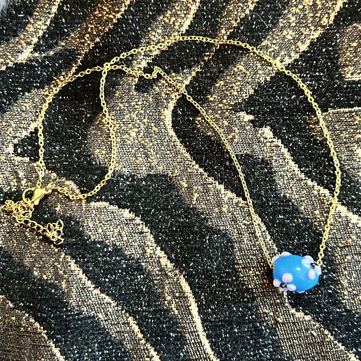 Handmade Handcrafted floral glass bead pendant on chain necklace Size ONE SIZE - 6 Thumbnail