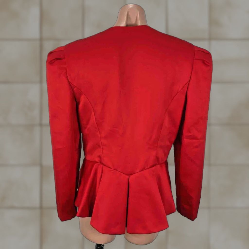 VINTAGE Farinae Red Structured Peplum Evening Jacket - Neiman Marcus - Size 14 - 80s - Polyester - Blazer - Formal - Womens