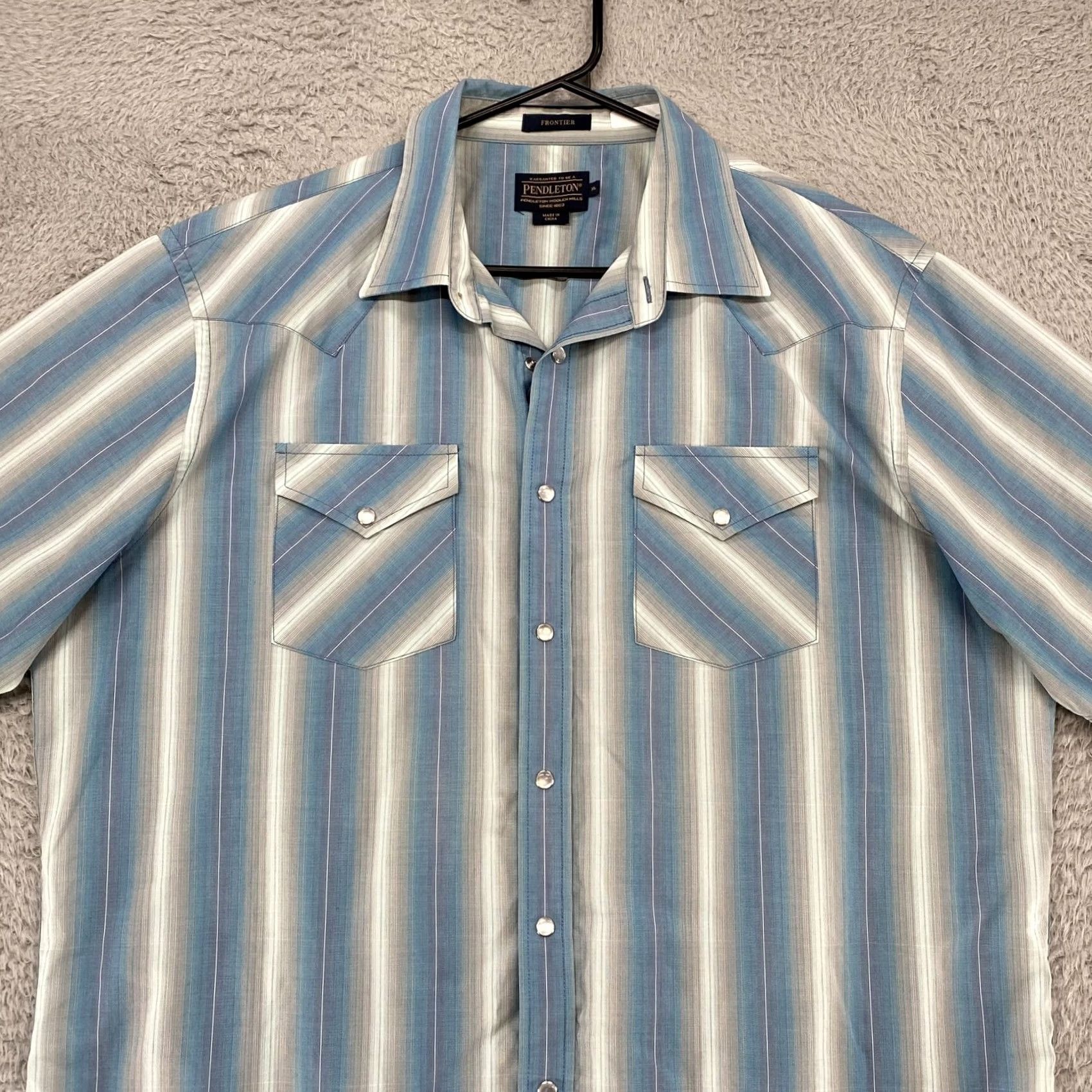 Pendleton Pendleton Frontier Shirt Mens XL Blue Stripe Western Snap Front Short Sleeve Shirt Size US XL / EU 56 / 4 - 3 Thumbnail