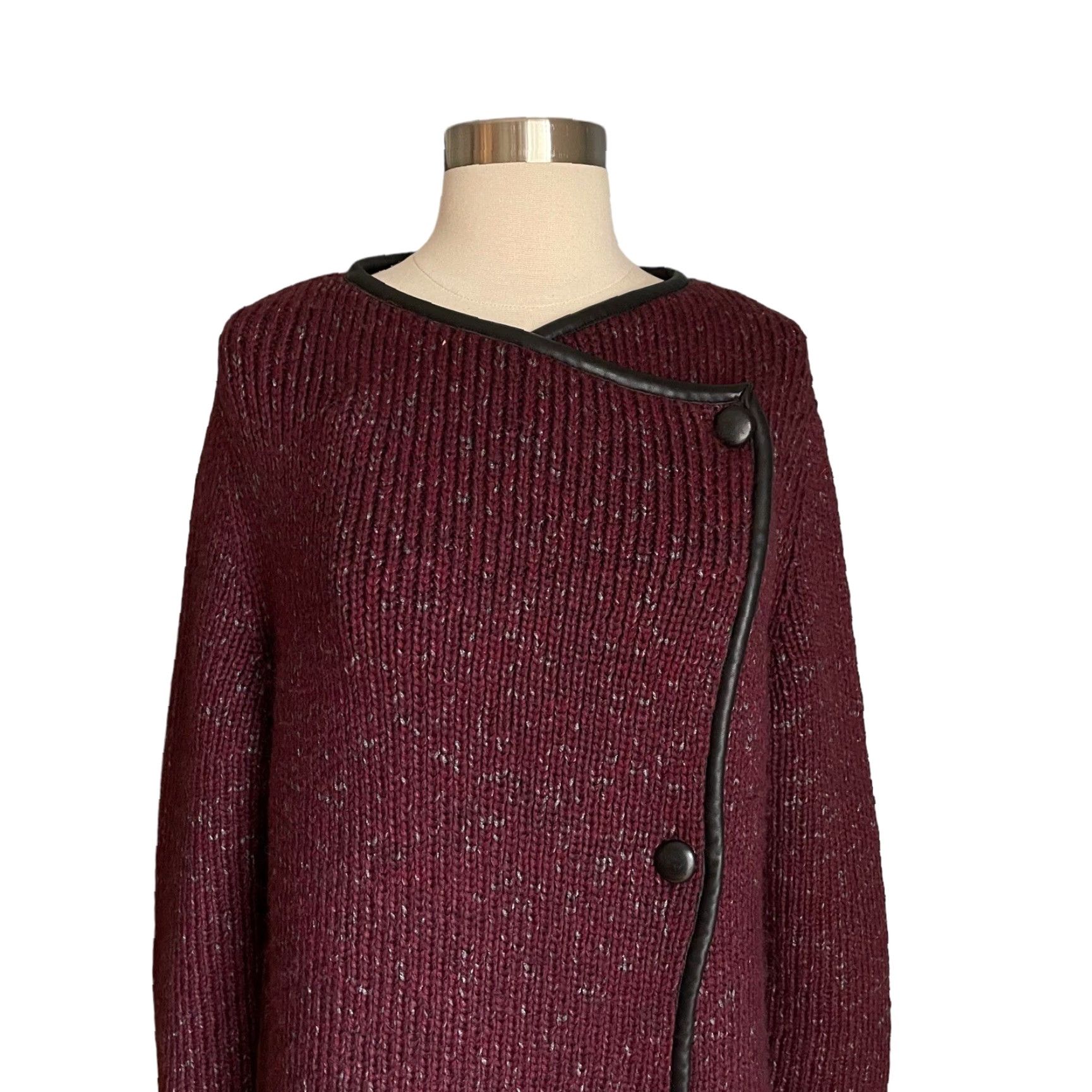 Vintage Ports 1961 Knit Wool Blend w/ Leather Trim Sweater Jacket Purple M Size M / US 6-8 / IT 42-44 - 2 Thumbnail