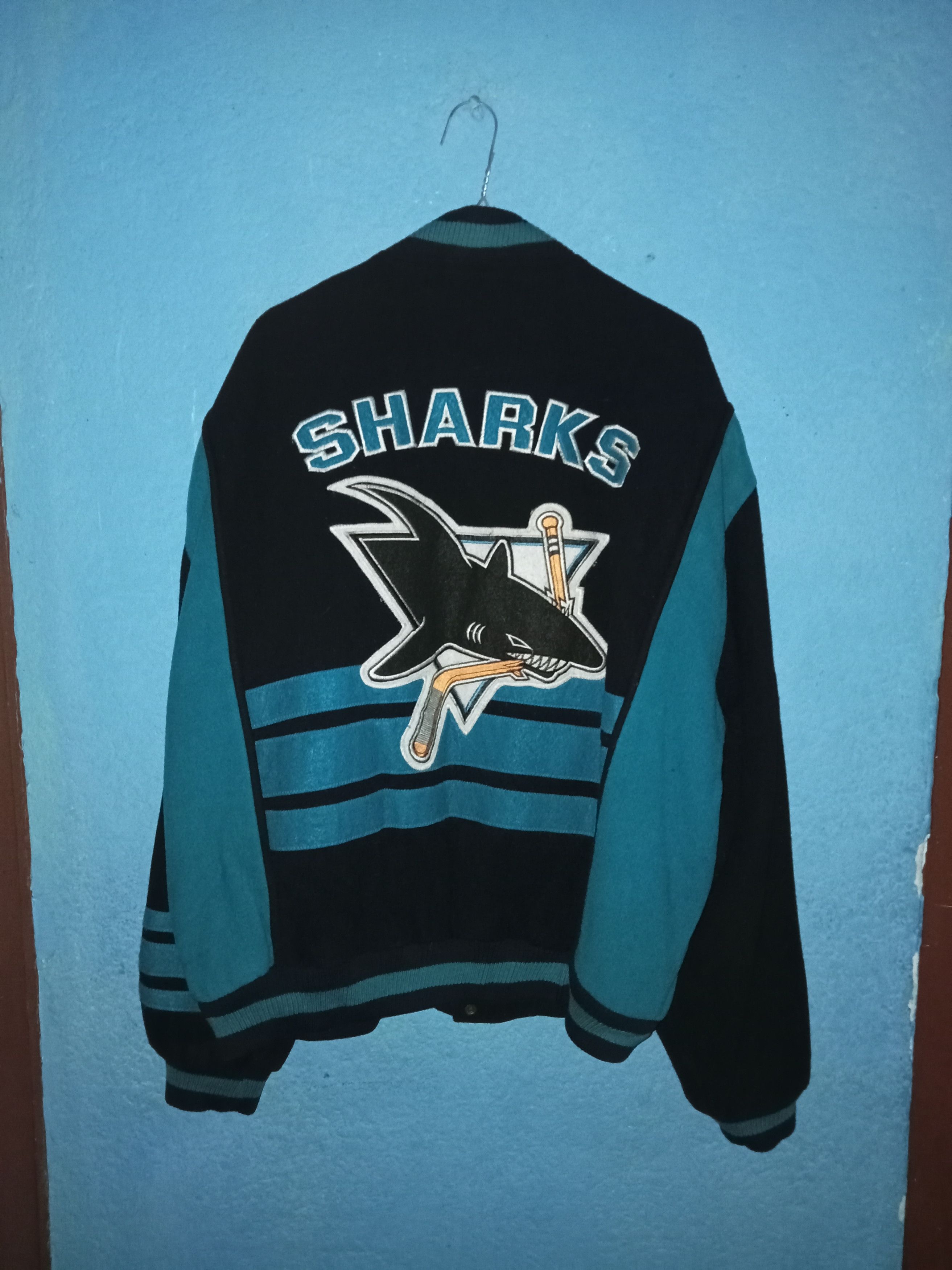 image of Nhl x Nutmeg Vintage Nutmeg Campri San Jose Sharks Bomber Jacket in Black White Blue (Size Large)