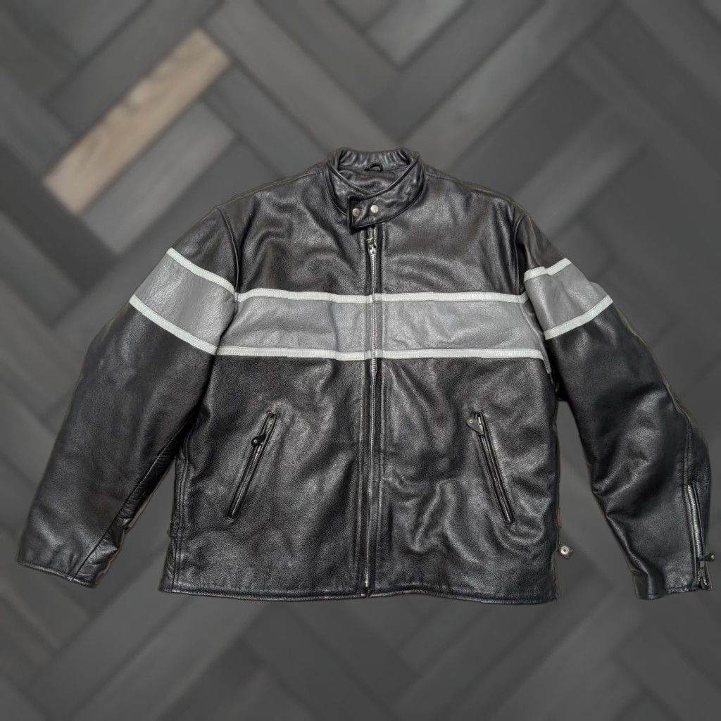 Vintage VINTAGE Hot Leathers motorcycle jacket 3XL Cafe-Racer Leather Jacket Mens Striped black gray 52 Cowhide 1990s Size US XXL / EU 58 / 5 - 1 Thumbnail