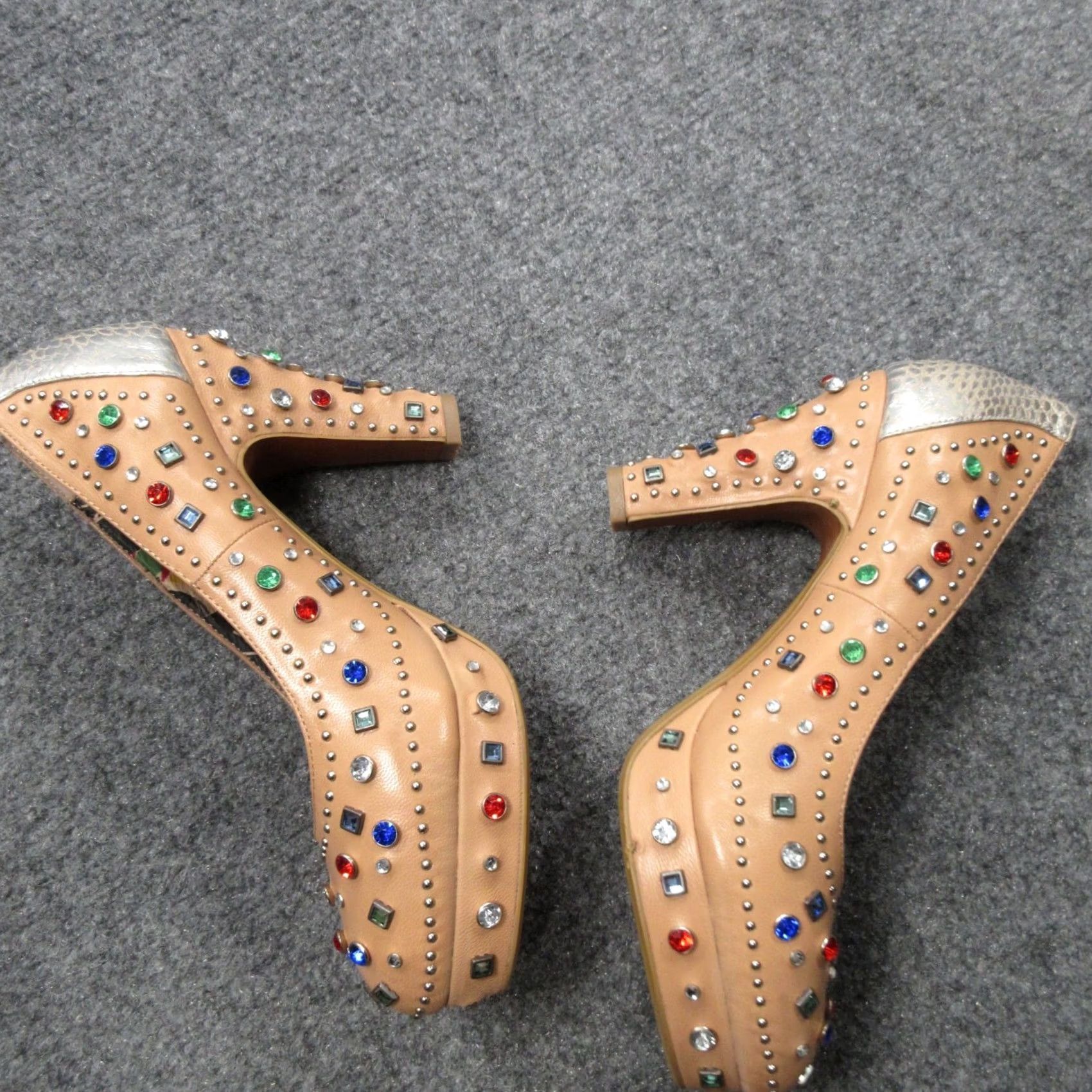 Vintage Miss L'Fire Showgirl Sandal Womens 9 Beige Leather Studded Rhinestone Slip-On Block Heel Shoes 40 Size US 9 / IT 39 - 5 Thumbnail