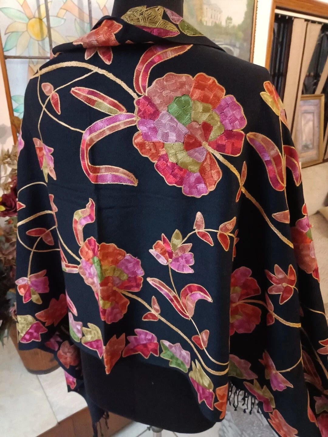 Other Cashmere Vibrant Hand Embroidered Floral Scarf Kashmiri Size ONE SIZE - 5 Thumbnail