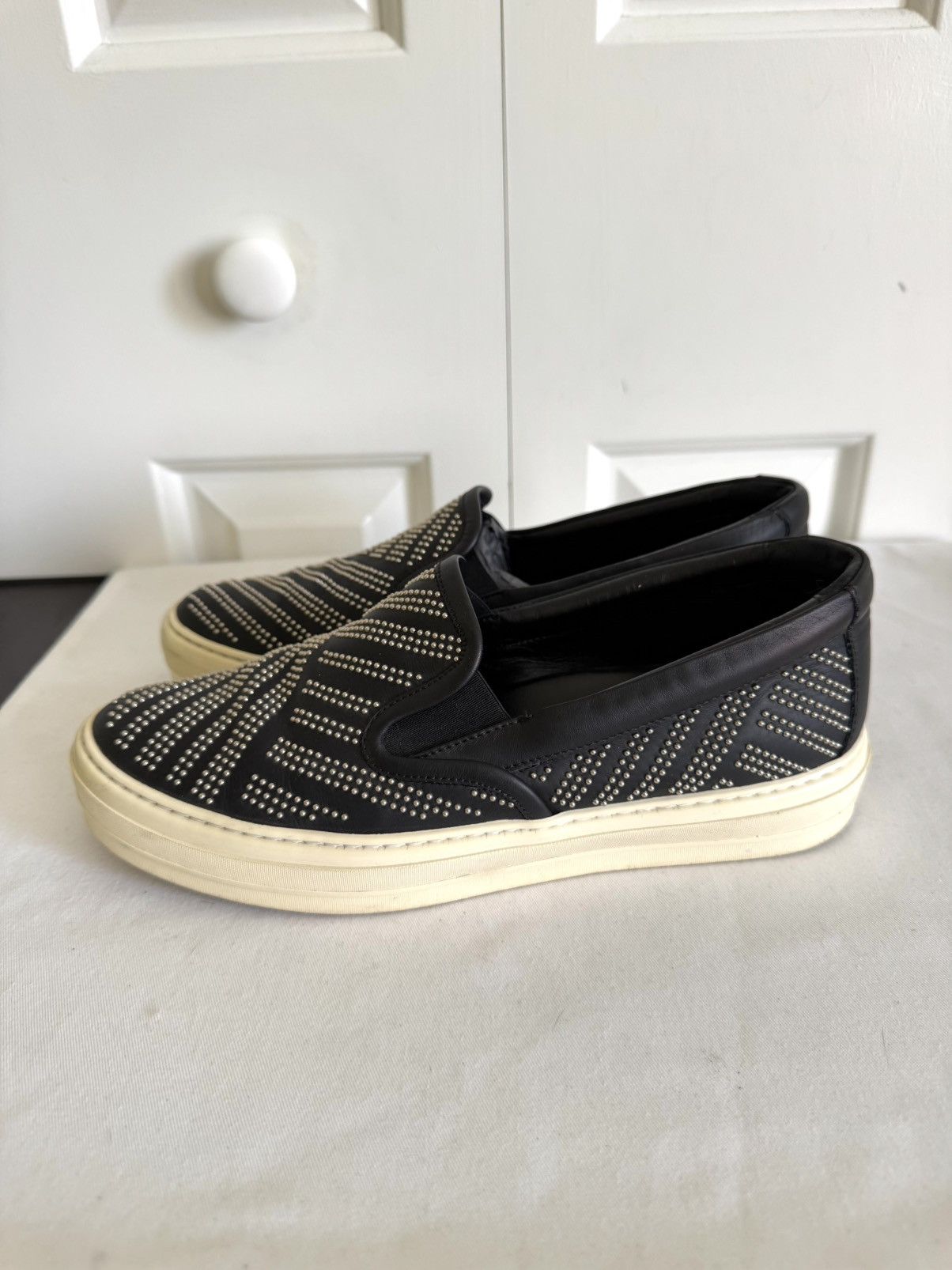 Salvatore Ferragamo SALVATORE FERRAGAMO Navy Leather Studded Slip-on Sneakers 8 Size US 8 / IT 38 - 1 Thumbnail