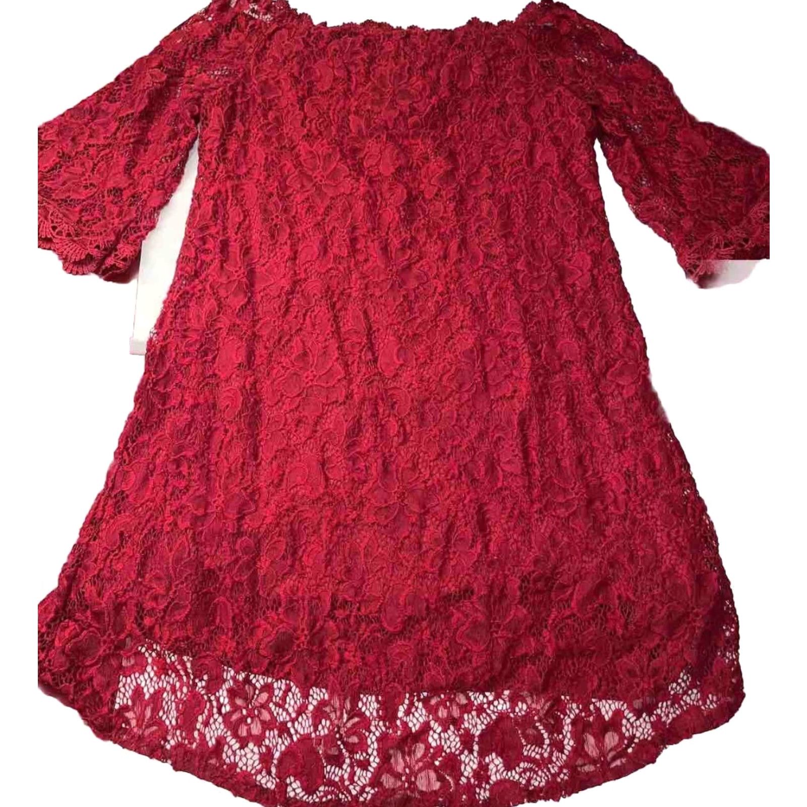Vintage Ours Red Lace Dress Off Shoulder 3/4 Sleeve Knee Length M Women Dress Size M / US 6-8 / IT 42-44 - 2 Thumbnail
