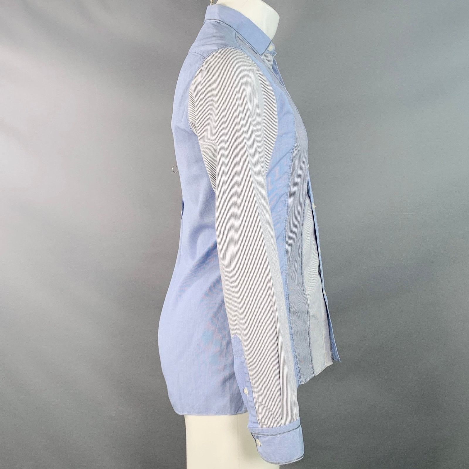 Lanvin LANVIN White Blue Patchwork Stripe Cotton One Pocket Shirt Size US S / EU 44-46 / 1 - 3 Thumbnail