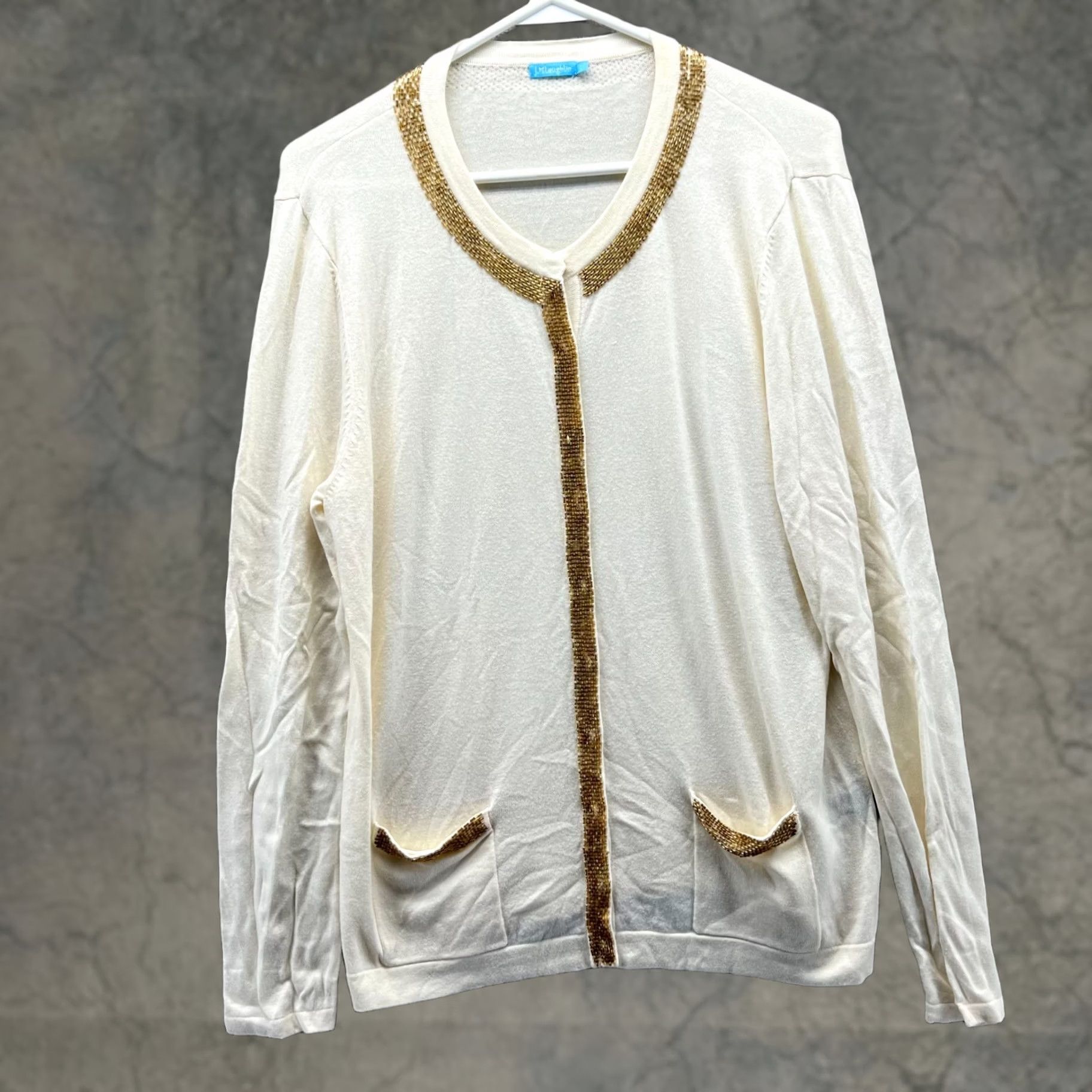 J.McLaughlin VINTAGE J McLaughlin Cardigan Sweater Womens Large Beige Gold Fleece Long Sleeve Knit Size L / US 10 / IT 46 - 1 Thumbnail