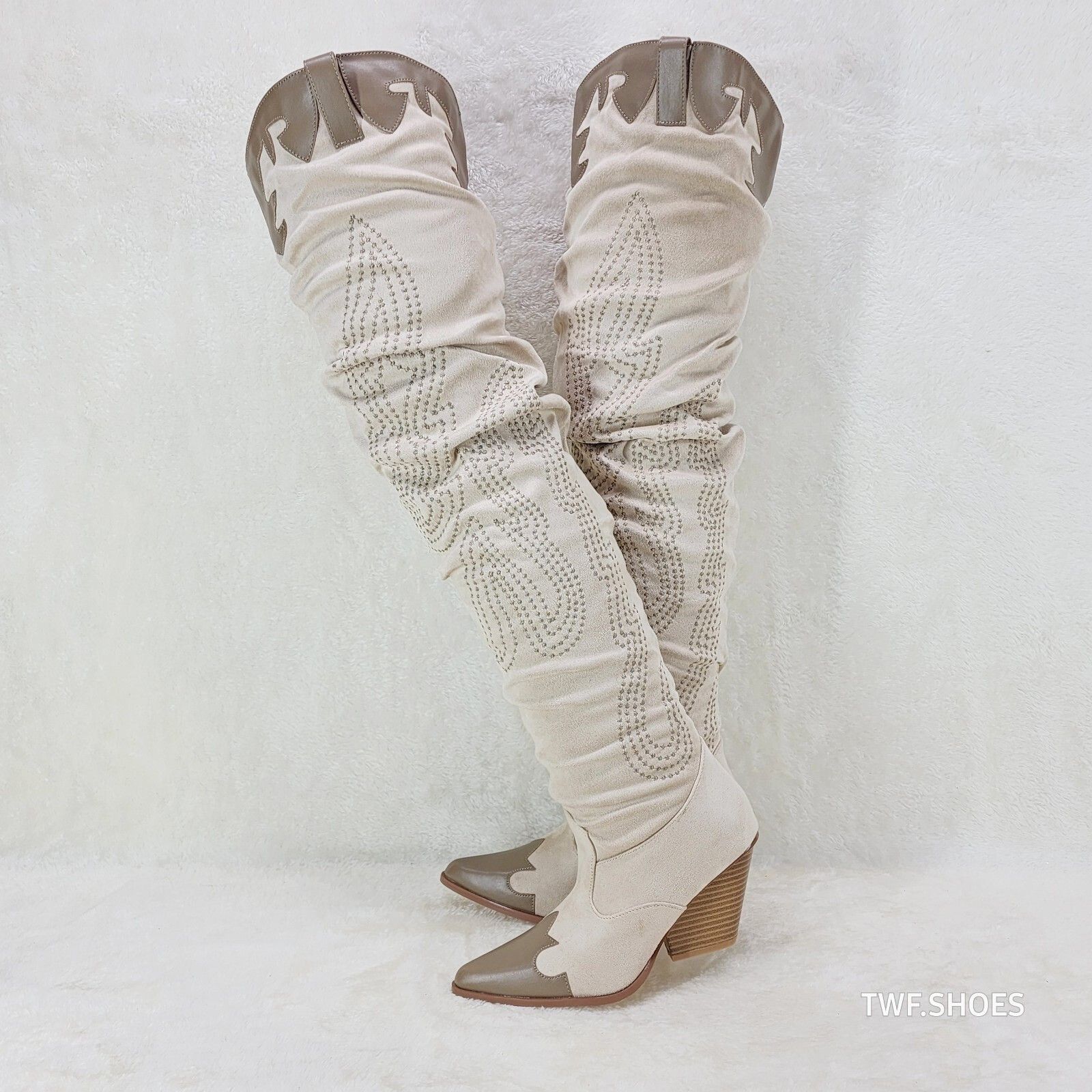 Other Iconic Country Western Thigh high Cowgirl Boots Cream Taupe Size US 6 / IT 36 - 1 Thumbnail